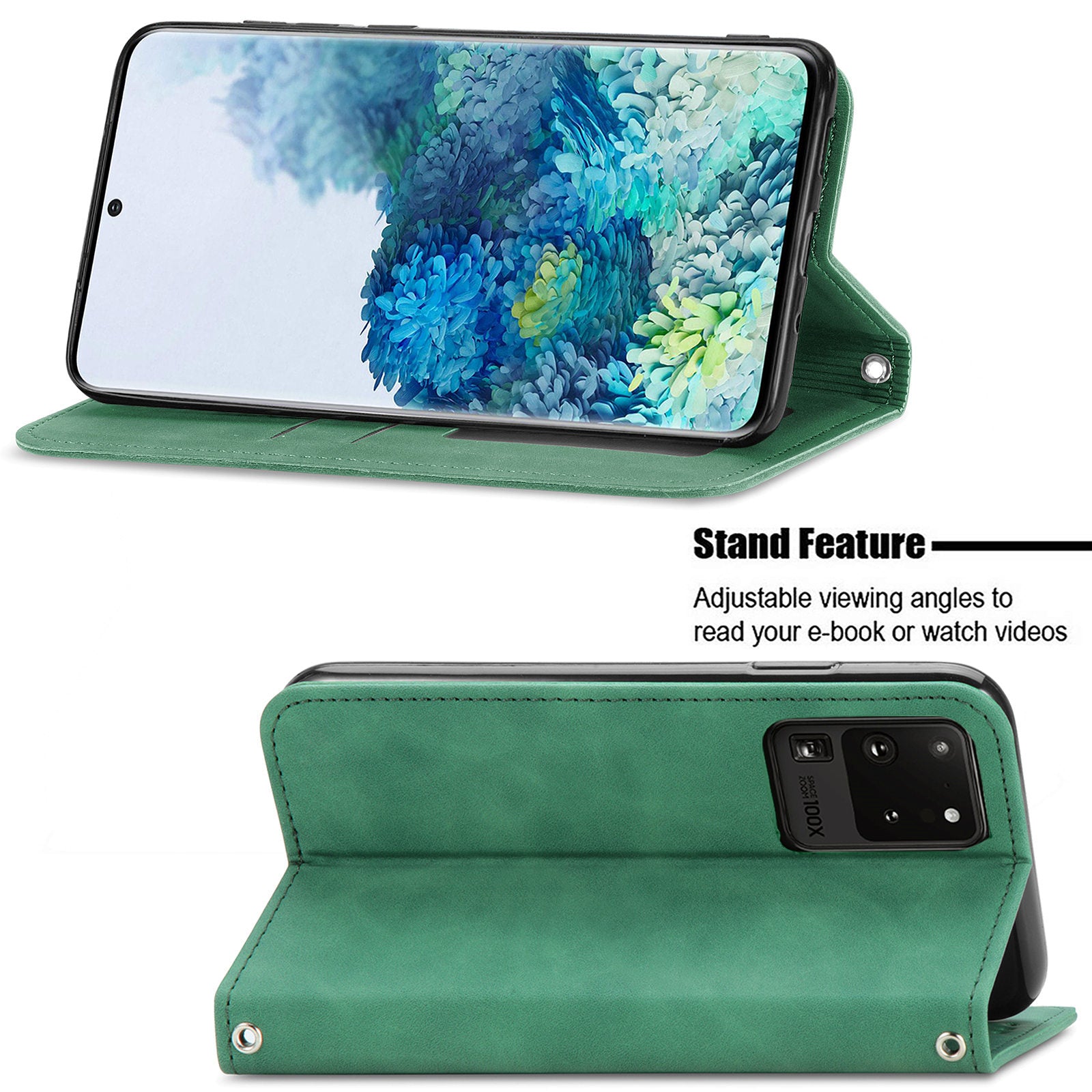 For Samsung Galaxy S20 Ultra Card Slots Retro Skin-touch Feeling Case Auto-absorbed Magnetic Stand Function PU Leather Shell - Green