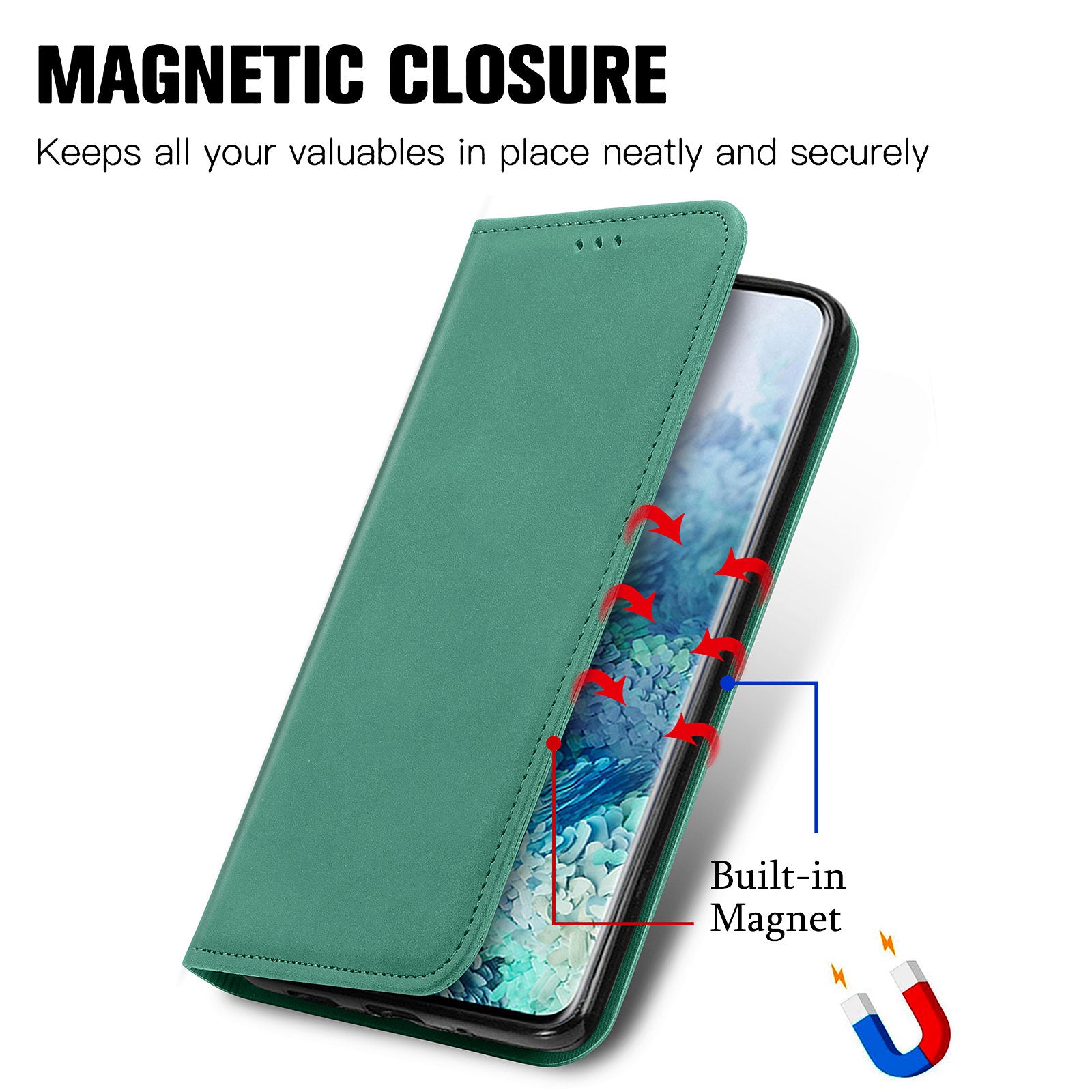 For Samsung Galaxy S20 Ultra Card Slots Retro Skin-touch Feeling Case Auto-absorbed Magnetic Stand Function PU Leather Shell - Green