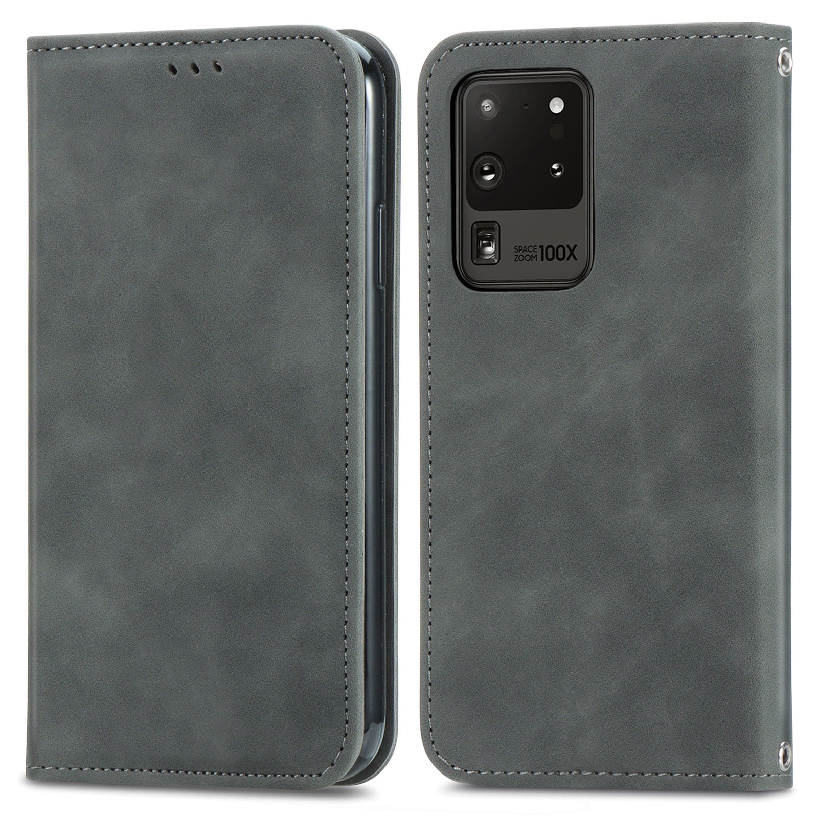 For Samsung Galaxy S20 Ultra Card Slots Retro Skin-touch Feeling Case Auto-absorbed Magnetic Stand Function PU Leather Shell - Grey