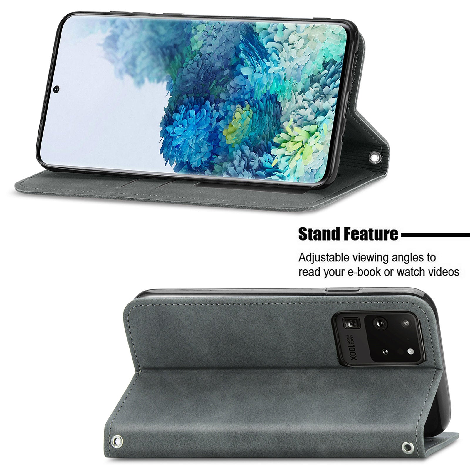 For Samsung Galaxy S20 Ultra Card Slots Retro Skin-touch Feeling Case Auto-absorbed Magnetic Stand Function PU Leather Shell - Grey