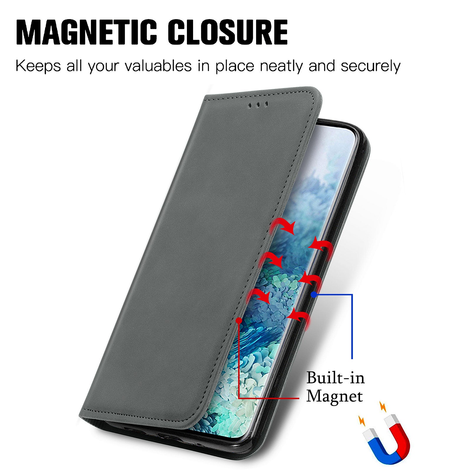 For Samsung Galaxy S20 Ultra Card Slots Retro Skin-touch Feeling Case Auto-absorbed Magnetic Stand Function PU Leather Shell - Grey