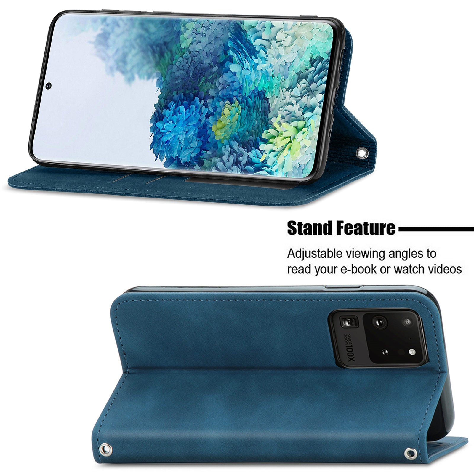 For Samsung Galaxy S20 Ultra Card Slots Retro Skin-touch Feeling Case Auto-absorbed Magnetic Stand Function PU Leather Shell - Blue