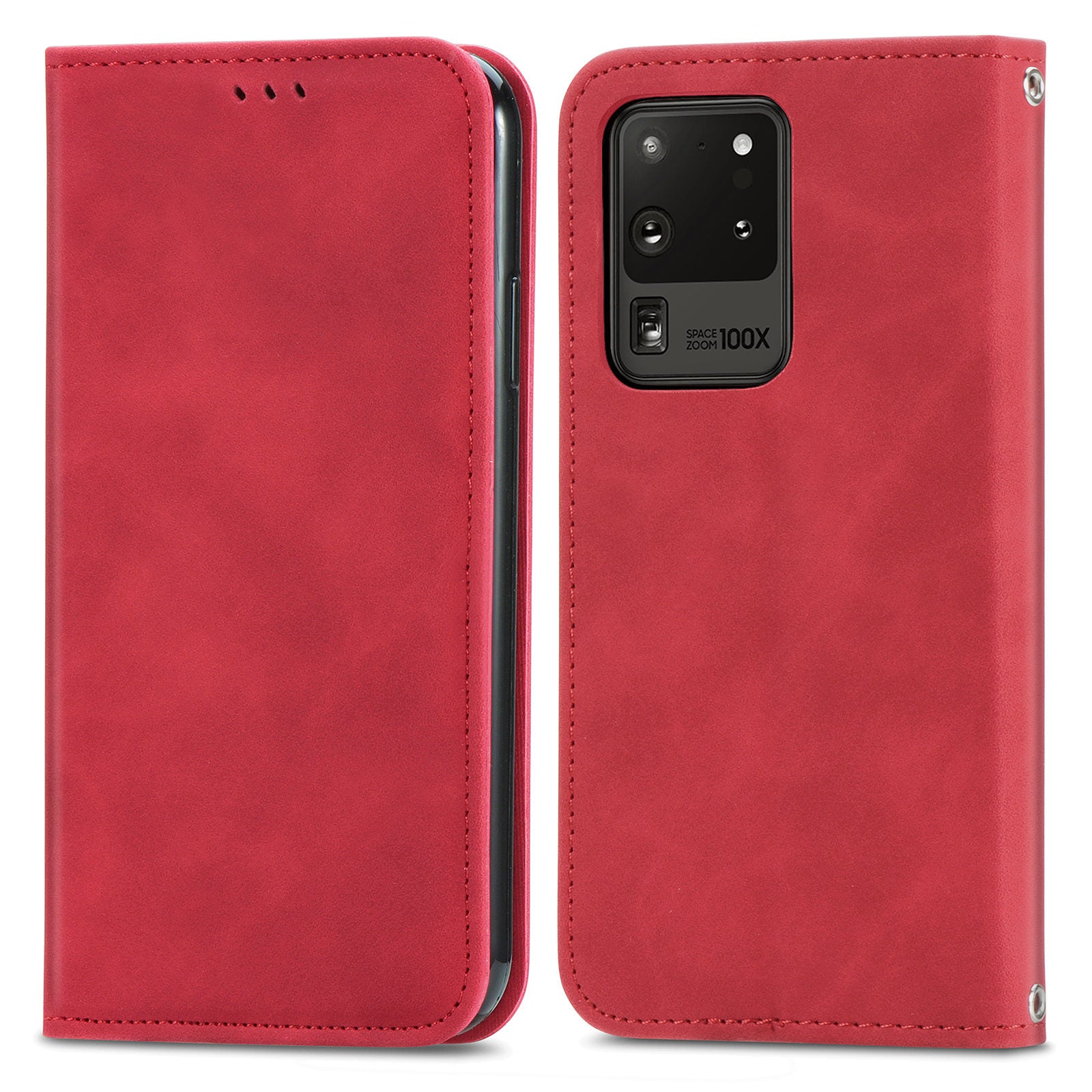 For Samsung Galaxy S20 Ultra Card Slots Retro Skin-touch Feeling Case Auto-absorbed Magnetic Stand Function PU Leather Shell - Red