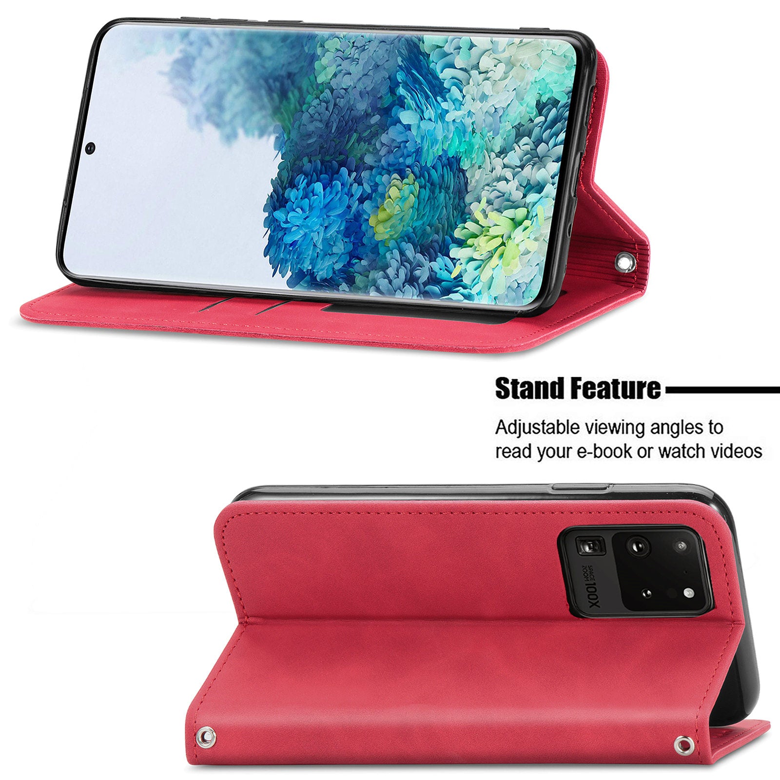 For Samsung Galaxy S20 Ultra Card Slots Retro Skin-touch Feeling Case Auto-absorbed Magnetic Stand Function PU Leather Shell - Red