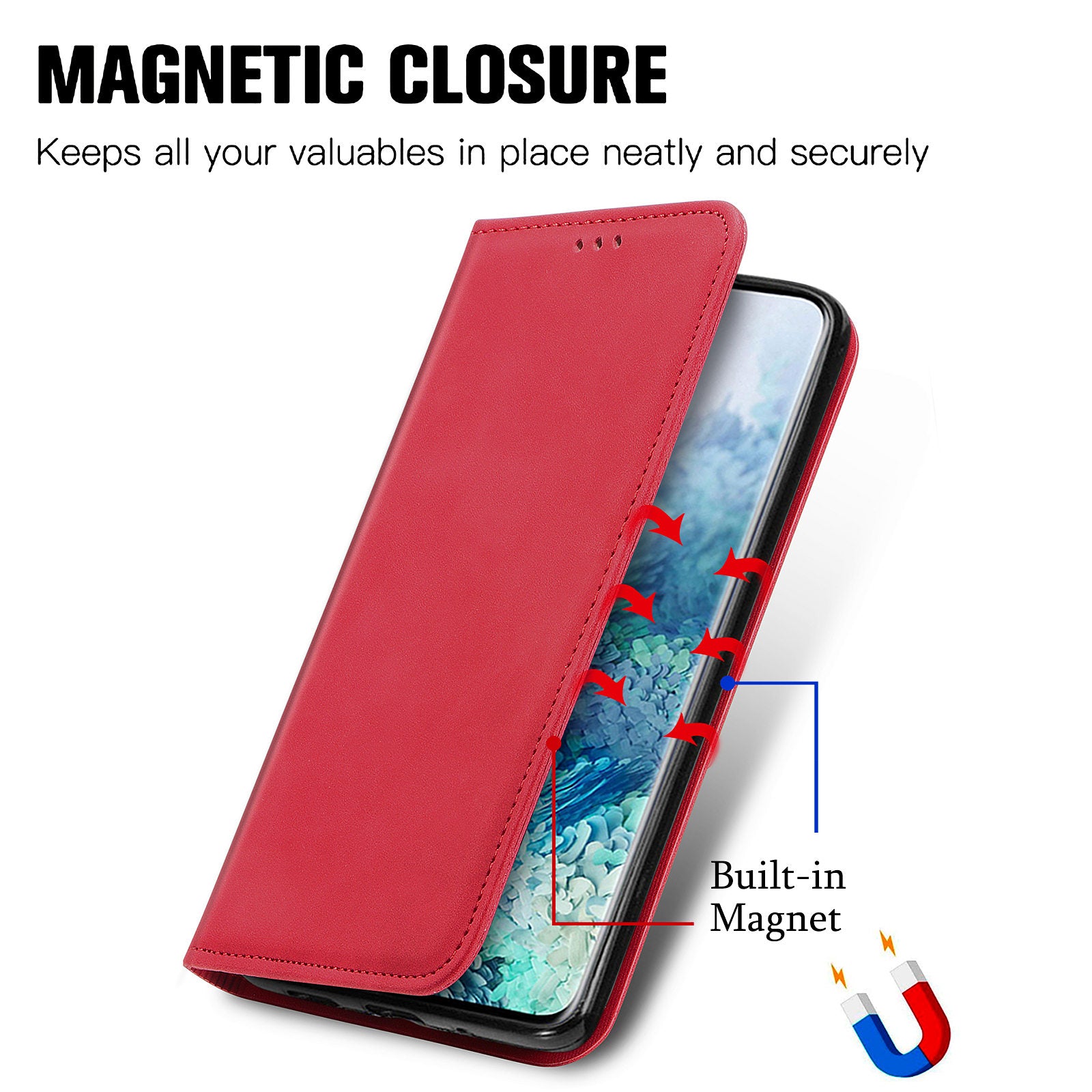 For Samsung Galaxy S20 Ultra Card Slots Retro Skin-touch Feeling Case Auto-absorbed Magnetic Stand Function PU Leather Shell - Red