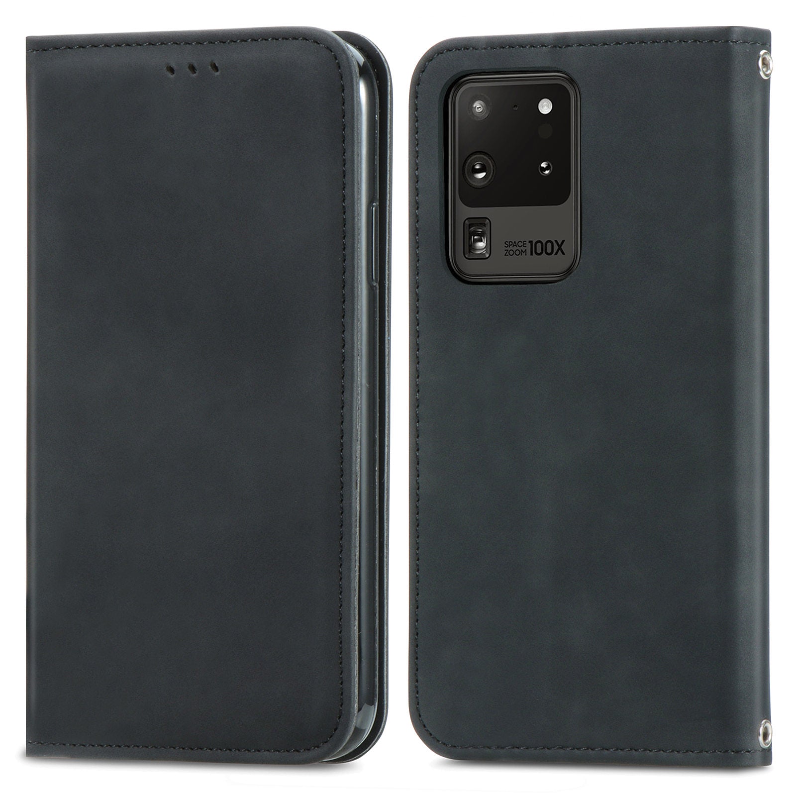 For Samsung Galaxy S20 Ultra Card Slots Retro Skin-touch Feeling Case Auto-absorbed Magnetic Stand Function PU Leather Shell - Black