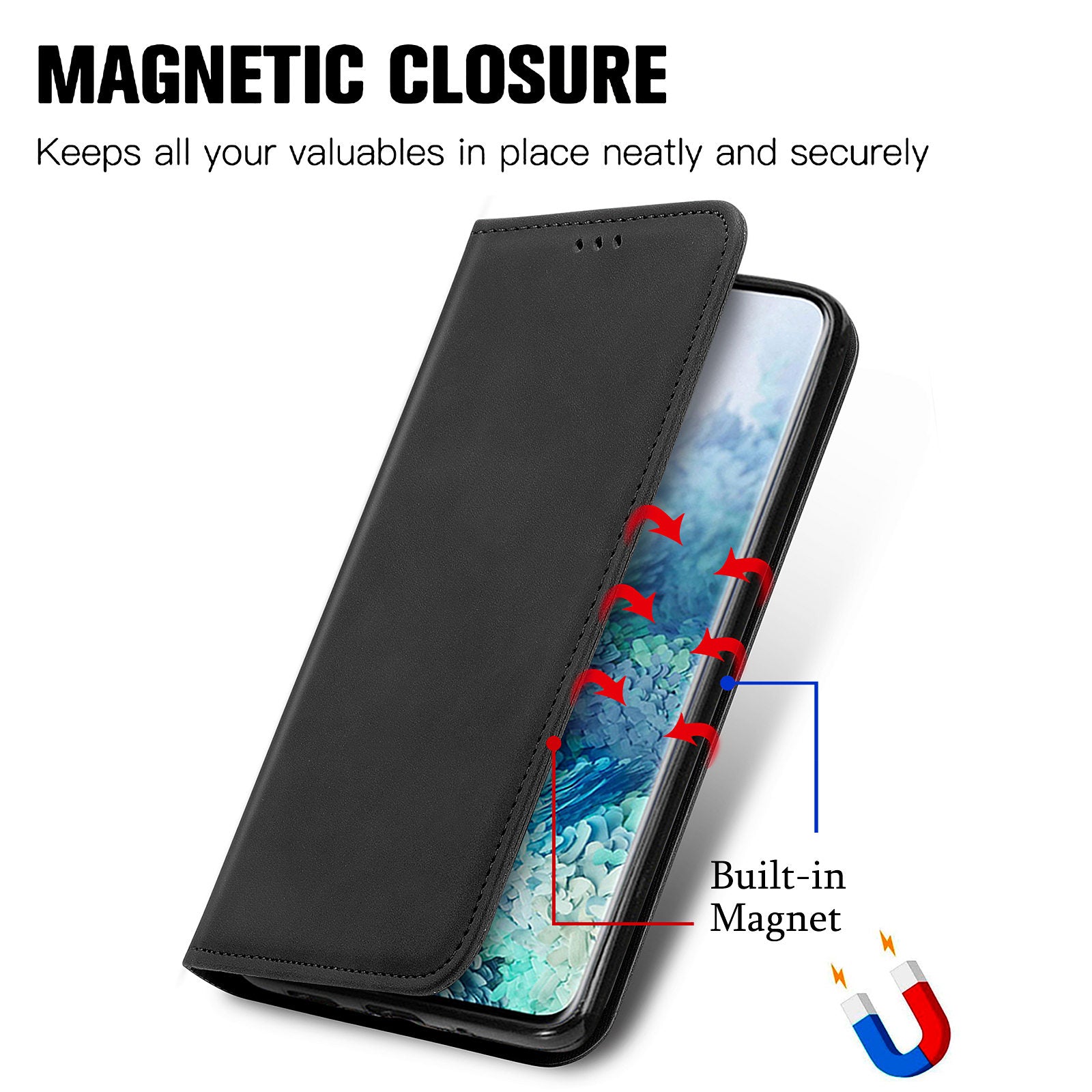 For Samsung Galaxy S20 Ultra Card Slots Retro Skin-touch Feeling Case Auto-absorbed Magnetic Stand Function PU Leather Shell - Black