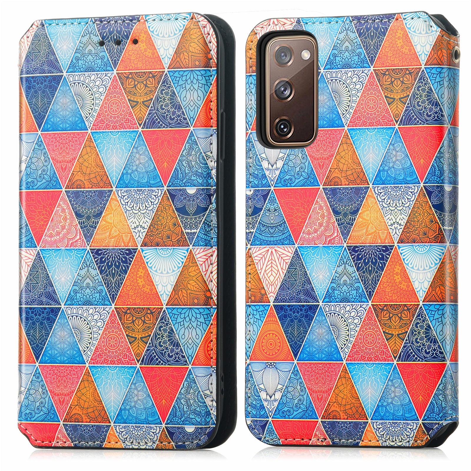 CASENEO 001 Series for Samsung Galaxy S20 5G/4G Pattern Printing Leather Wallet Folio Case, RFID Blocking Magnetic Auto-absorbed Viewing Stand Flip Cover - Rhombus/Mandala