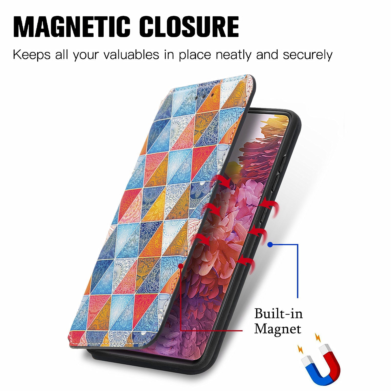 CASENEO 001 Series for Samsung Galaxy S20 5G/4G Pattern Printing Leather Wallet Folio Case, RFID Blocking Magnetic Auto-absorbed Viewing Stand Flip Cover - Rhombus/Mandala