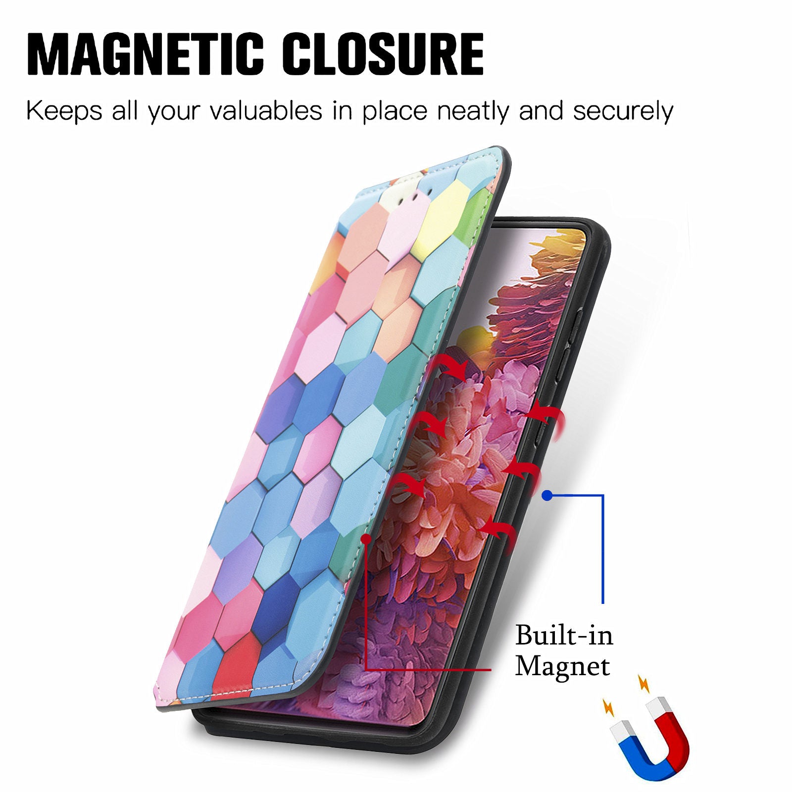 CASENEO 001 Series for Samsung Galaxy S20 5G/4G Pattern Printing Leather Wallet Folio Case, RFID Blocking Magnetic Auto-absorbed Viewing Stand Flip Cover - Colorful Honeycomb