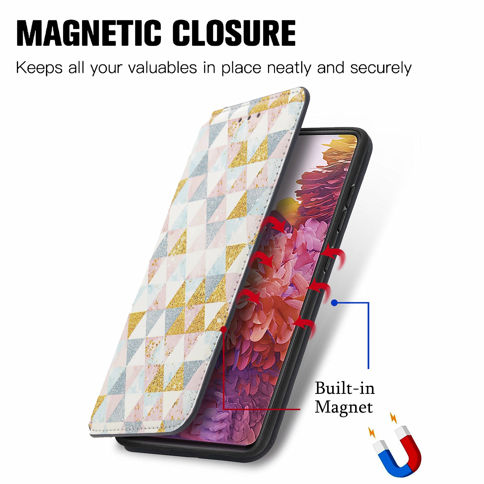 CASENEO 001 Series for Samsung Galaxy S20 FE 2022/S20 FE 4G/5G/S20 Lite/S20 Fan Edition 4G/5G Pattern Printing Leather Case RFID Blocking Wallet Stand Magnetic Closure Phone Cover - Rhombus