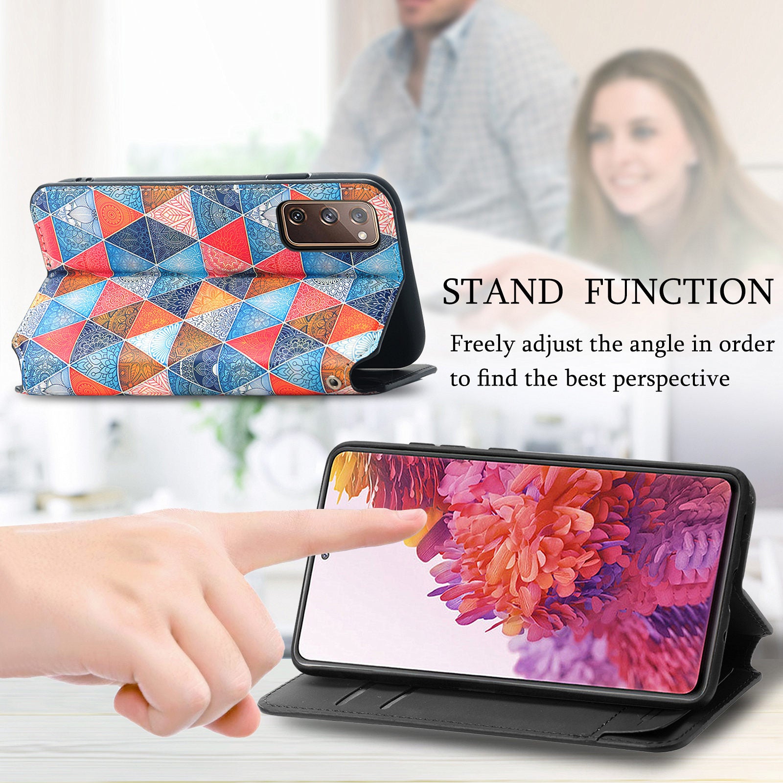 CASENEO 001 Series for Samsung Galaxy S20 FE 2022/S20 FE 4G/5G/S20 Lite/S20 Fan Edition 4G/5G Pattern Printing Leather Case RFID Blocking Wallet Stand Magnetic Closure Phone Cover - Rhombus/Mandala