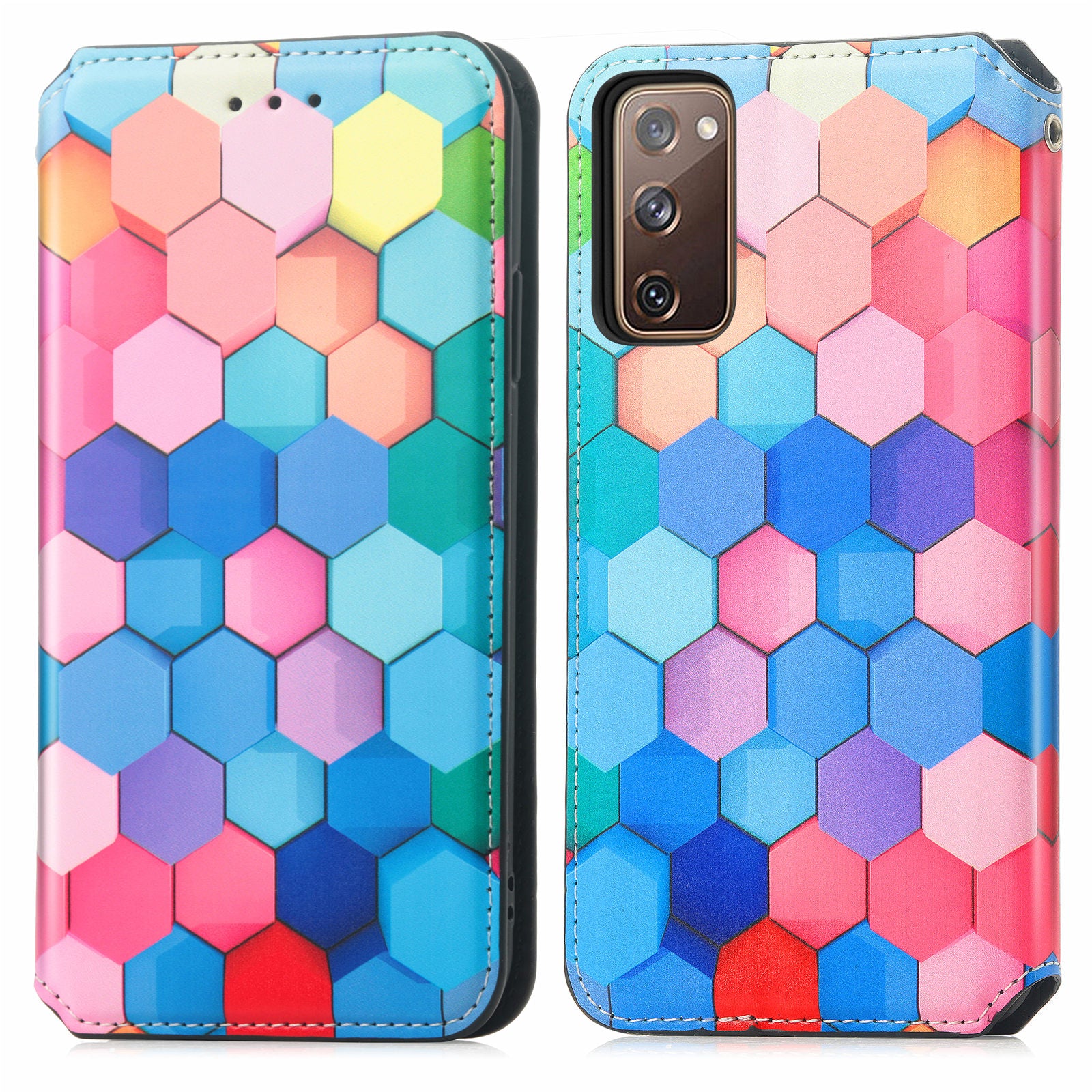 CASENEO 001 Series for Samsung Galaxy S20 FE 2022/S20 FE 4G/5G/S20 Lite/S20 Fan Edition 4G/5G Pattern Printing Leather Case RFID Blocking Wallet Stand Magnetic Closure Phone Cover - Colorful Honeycomb