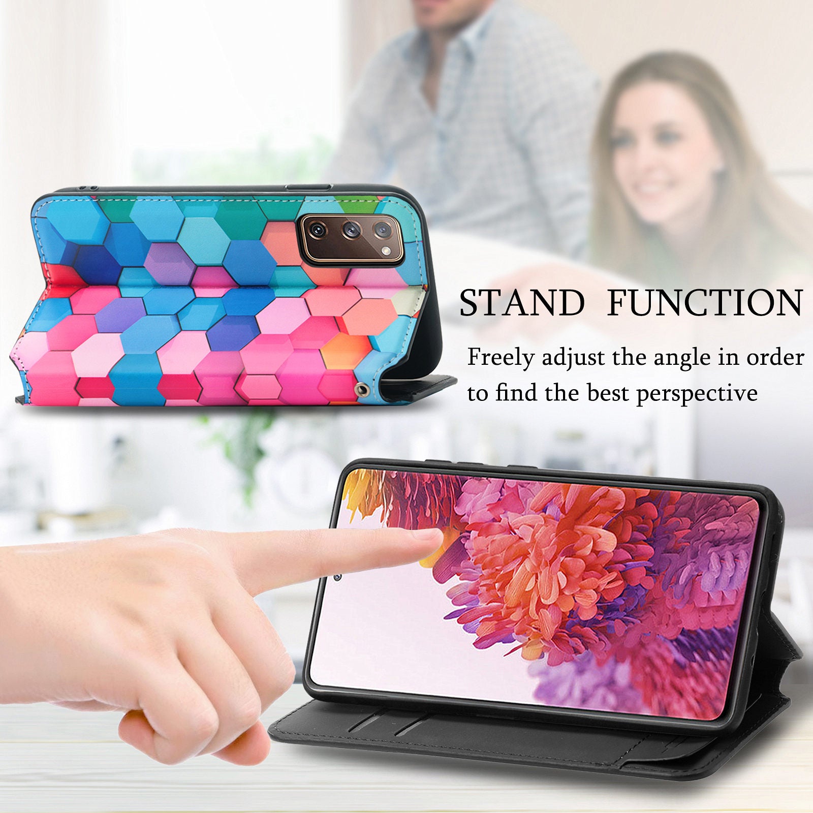 CASENEO 001 Series for Samsung Galaxy S20 FE 2022/S20 FE 4G/5G/S20 Lite/S20 Fan Edition 4G/5G Pattern Printing Leather Case RFID Blocking Wallet Stand Magnetic Closure Phone Cover - Colorful Honeycomb