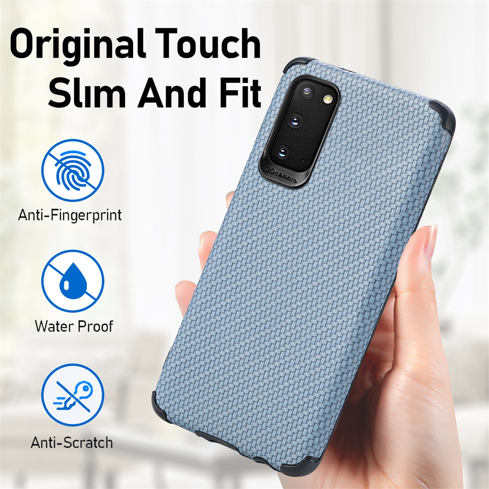 For Samsung Galaxy S20 4G/5G PU Leather Coated Flexible TPU + PVC Phone Back Case Fiber Texture Anti-fingerprint Cover - Sky Blue