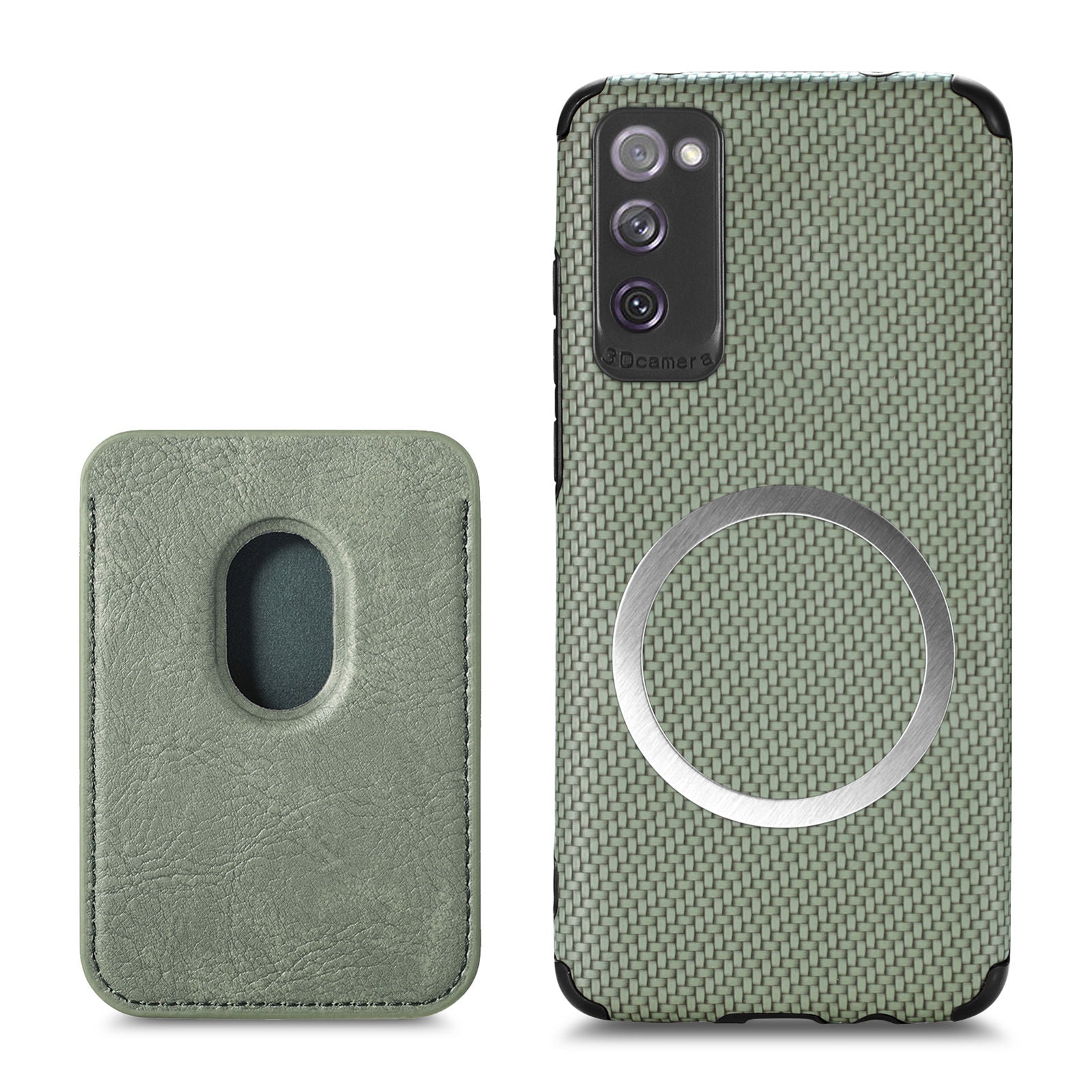 For Samsung Galaxy S20 FE 2022/S20 FE 5G/4G / Galaxy S20 Lite Dustproof PU Leather Coated TPU + PVC Phone Case Detachable Card Holder Carbon Fiber Texture Protective Cover - Green