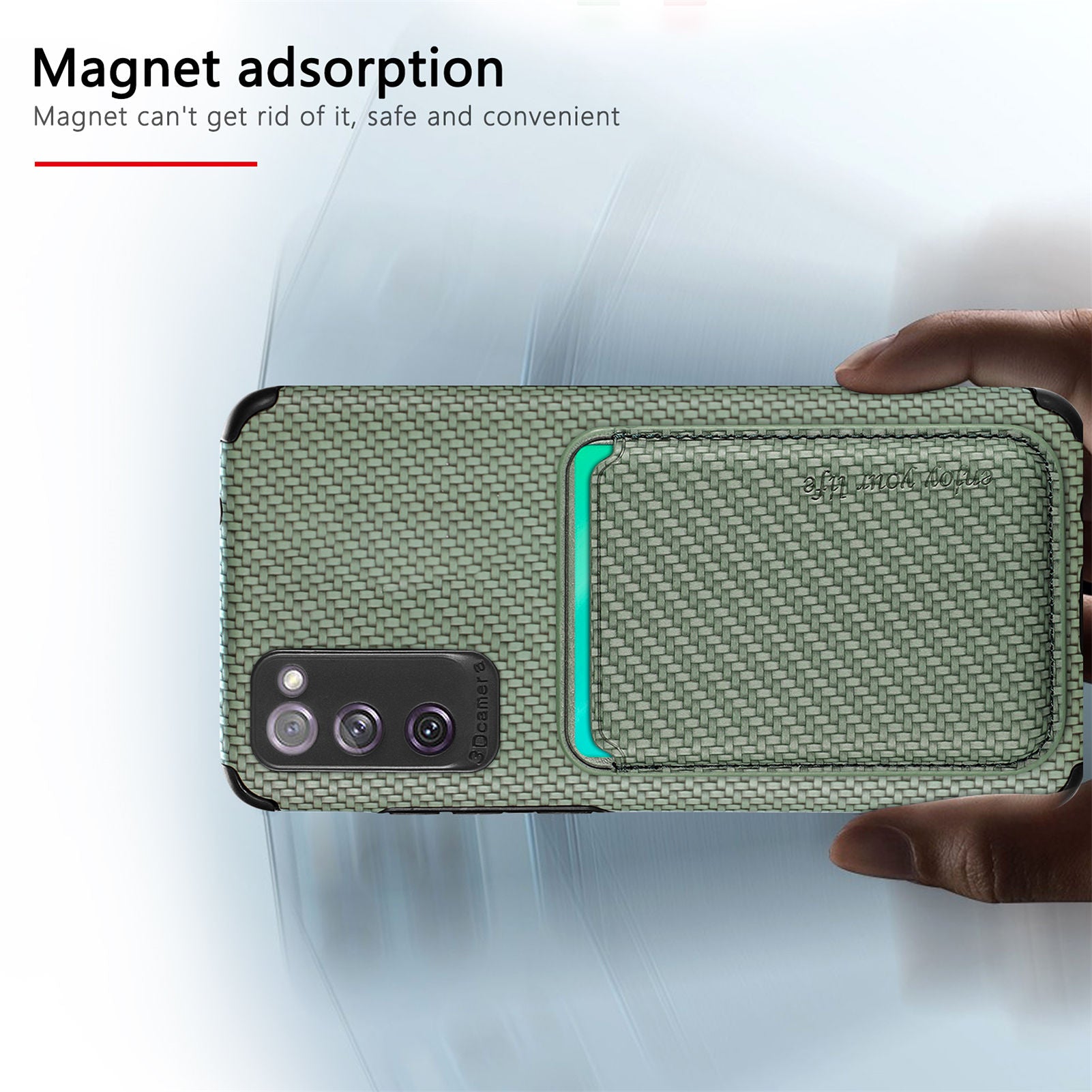 For Samsung Galaxy S20 FE 2022/S20 FE 5G/4G / Galaxy S20 Lite Dustproof PU Leather Coated TPU + PVC Phone Case Detachable Card Holder Carbon Fiber Texture Protective Cover - Green