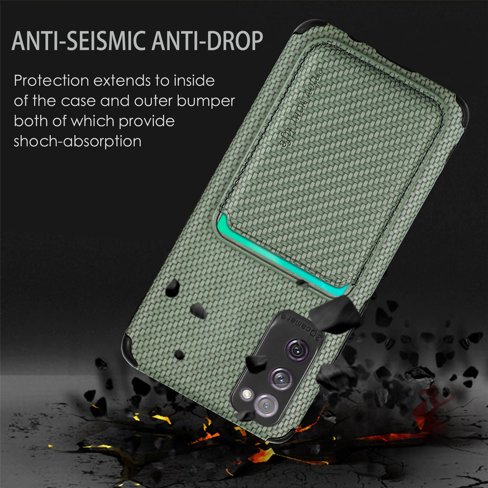 For Samsung Galaxy S20 FE 2022/S20 FE 5G/4G / Galaxy S20 Lite Dustproof PU Leather Coated TPU + PVC Phone Case Detachable Card Holder Carbon Fiber Texture Protective Cover - Green