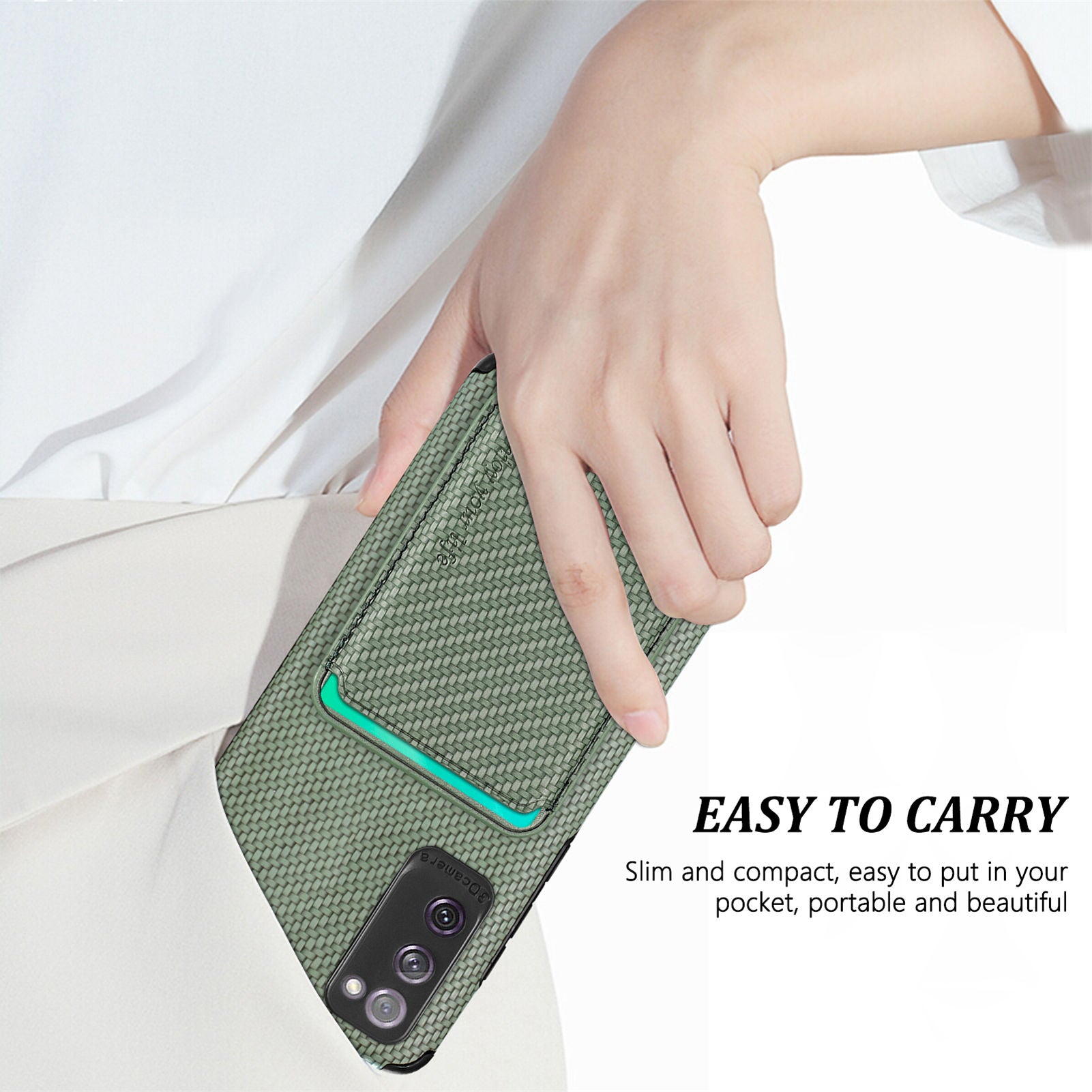 For Samsung Galaxy S20 FE 2022/S20 FE 5G/4G / Galaxy S20 Lite Dustproof PU Leather Coated TPU + PVC Phone Case Detachable Card Holder Carbon Fiber Texture Protective Cover - Green