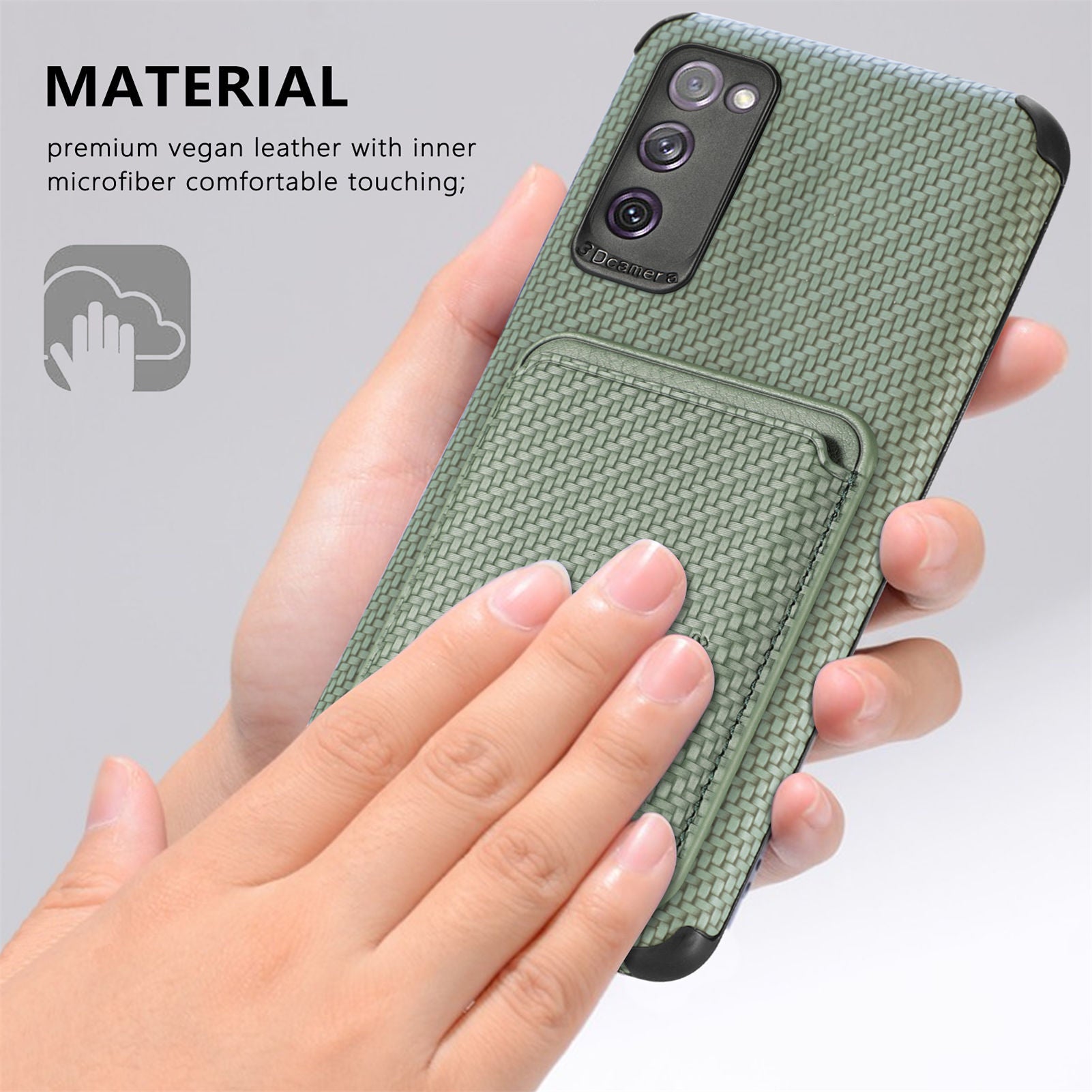 For Samsung Galaxy S20 FE 2022/S20 FE 5G/4G / Galaxy S20 Lite Dustproof PU Leather Coated TPU + PVC Phone Case Detachable Card Holder Carbon Fiber Texture Protective Cover - Green