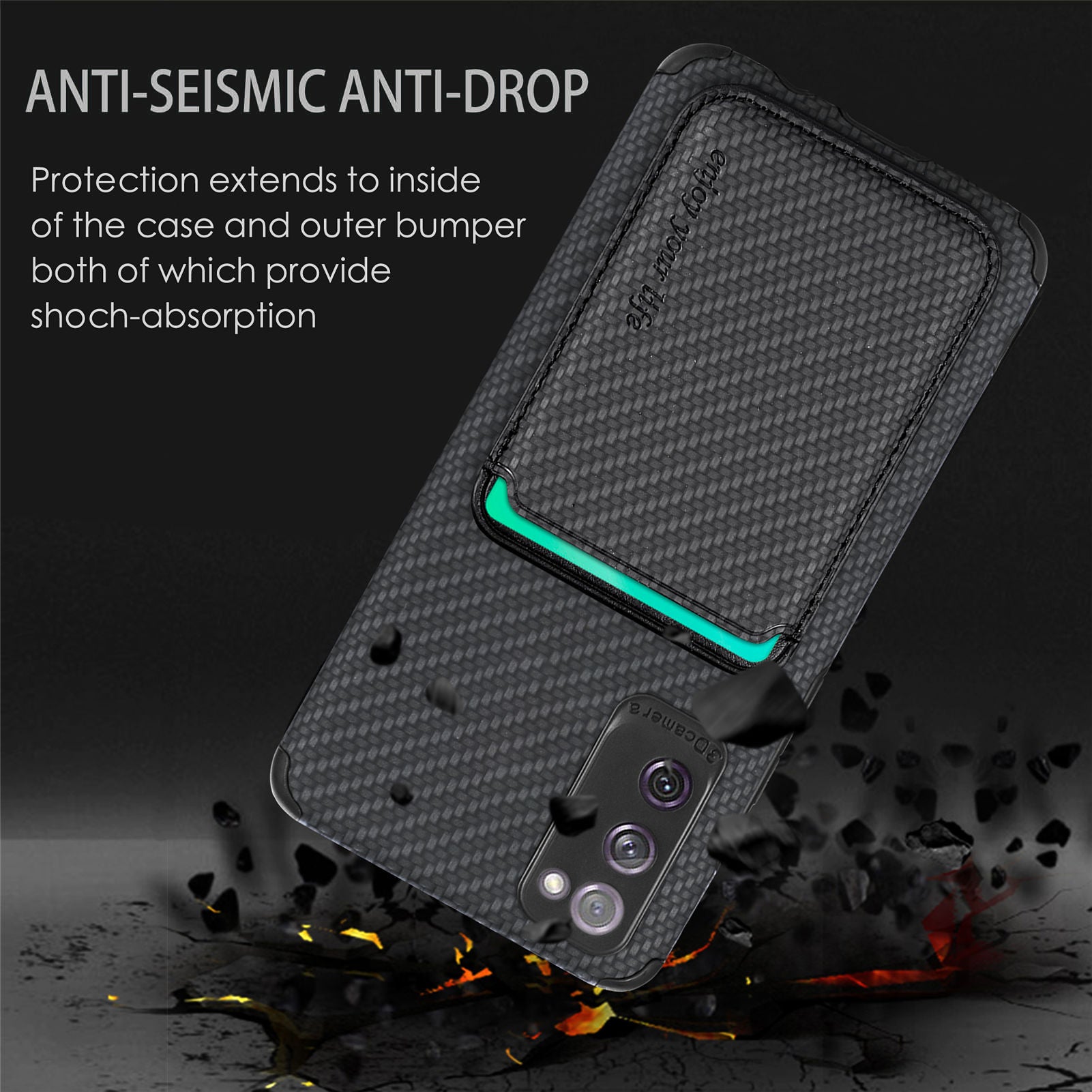 For Samsung Galaxy S20 FE 2022/S20 FE 5G/4G / Galaxy S20 Lite Dustproof PU Leather Coated TPU + PVC Phone Case Detachable Card Holder Carbon Fiber Texture Protective Cover - Black