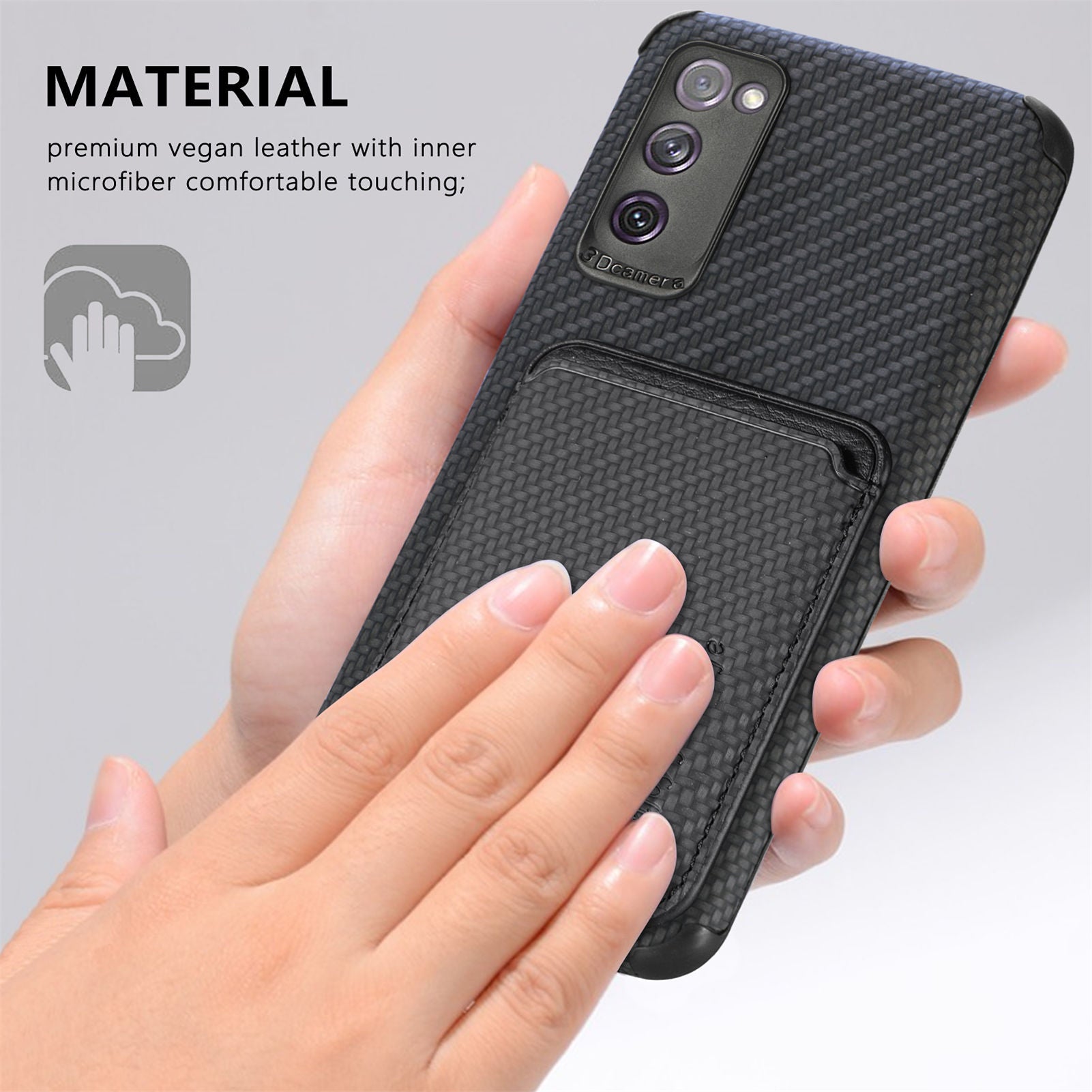 For Samsung Galaxy S20 FE 2022/S20 FE 5G/4G / Galaxy S20 Lite Dustproof PU Leather Coated TPU + PVC Phone Case Detachable Card Holder Carbon Fiber Texture Protective Cover - Black