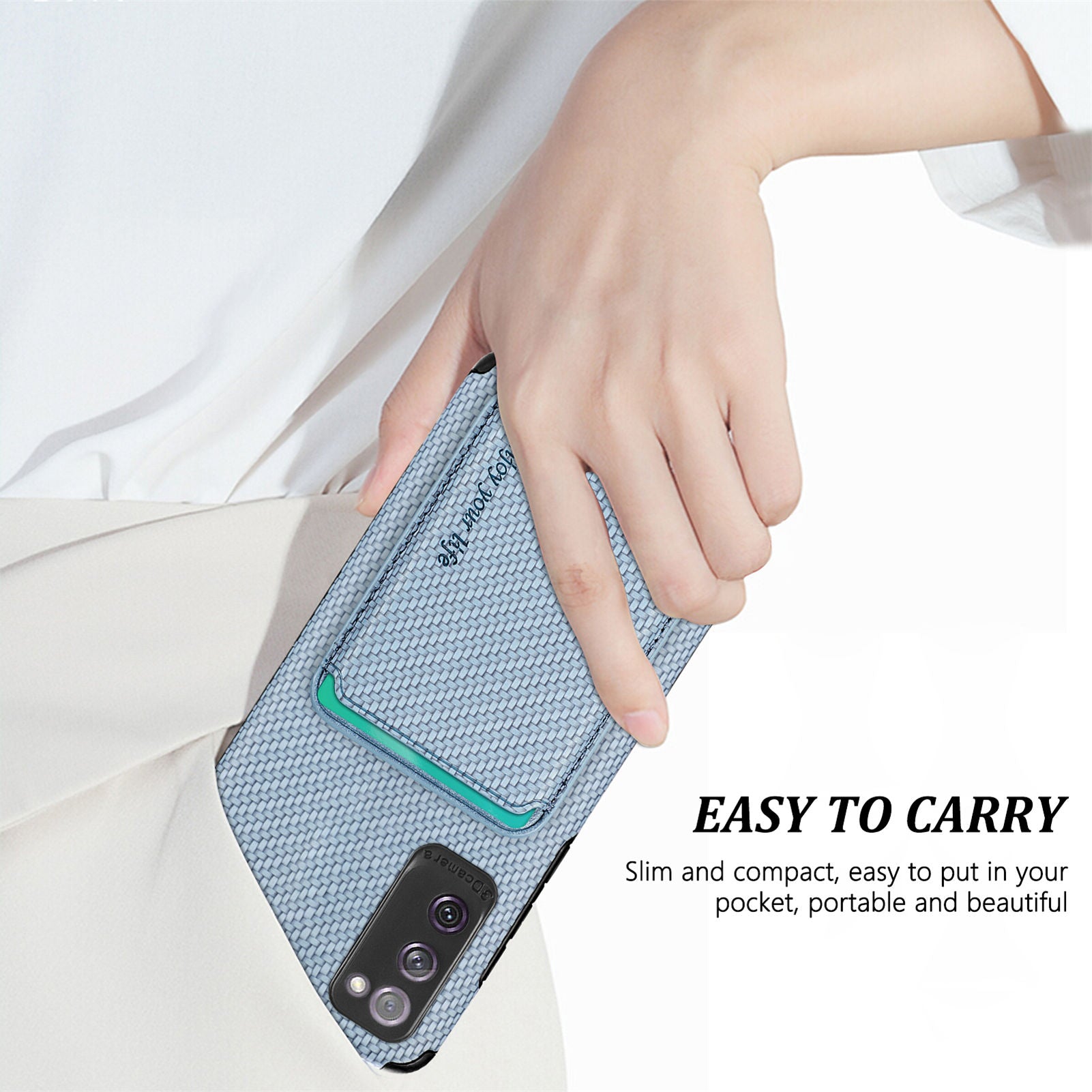 For Samsung Galaxy S20 FE 2022/S20 FE 5G/4G / Galaxy S20 Lite Dustproof PU Leather Coated TPU + PVC Phone Case Detachable Card Holder Carbon Fiber Texture Protective Cover - Blue