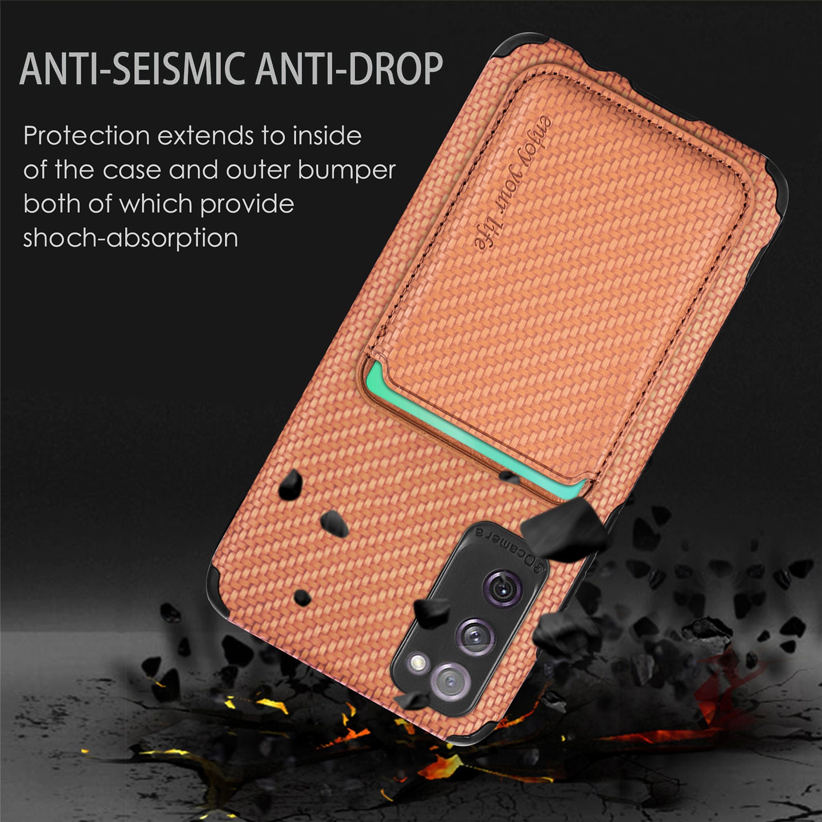 For Samsung Galaxy S20 FE 2022/S20 FE 5G/4G / Galaxy S20 Lite Dustproof PU Leather Coated TPU + PVC Phone Case Detachable Card Holder Carbon Fiber Texture Protective Cover - Brown