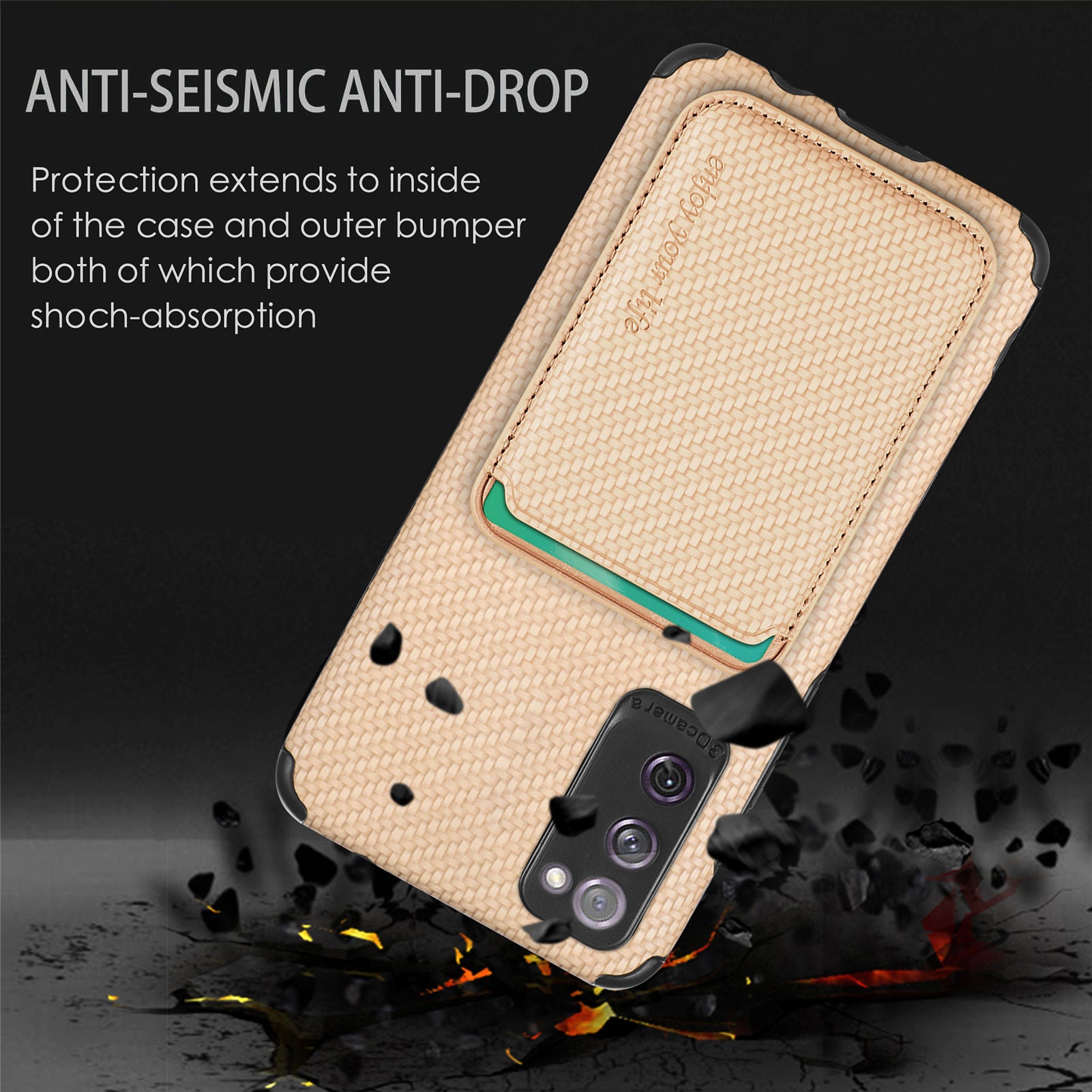 For Samsung Galaxy S20 FE 2022/S20 FE 5G/4G / Galaxy S20 Lite Dustproof PU Leather Coated TPU + PVC Phone Case Detachable Card Holder Carbon Fiber Texture Protective Cover - Khaki