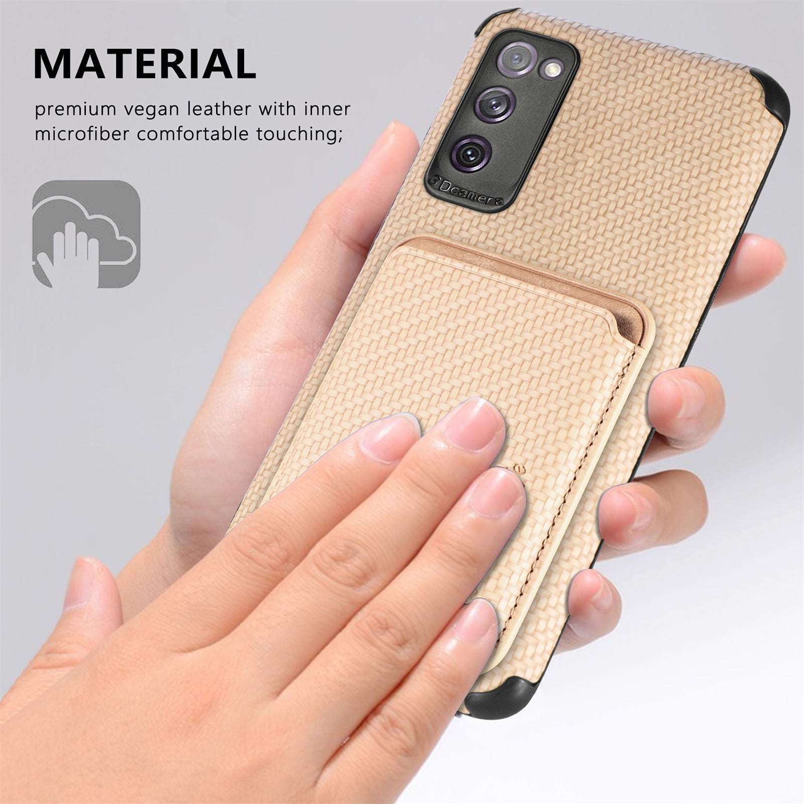 For Samsung Galaxy S20 FE 2022/S20 FE 5G/4G / Galaxy S20 Lite Dustproof PU Leather Coated TPU + PVC Phone Case Detachable Card Holder Carbon Fiber Texture Protective Cover - Khaki