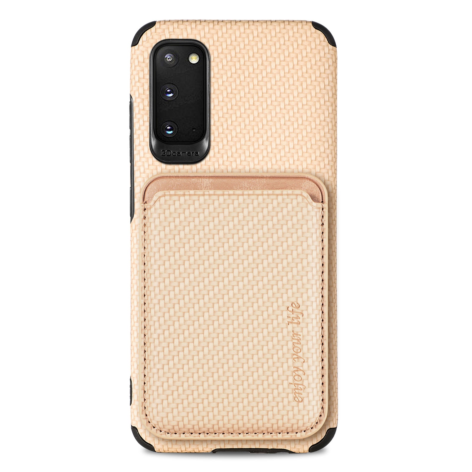 For Samsung Galaxy S20 4G/5G Smartphone Cover PU Leather Coated TPU + PVC Detachable Card Holder Carbon Fiber Texture Phone Case - Khaki