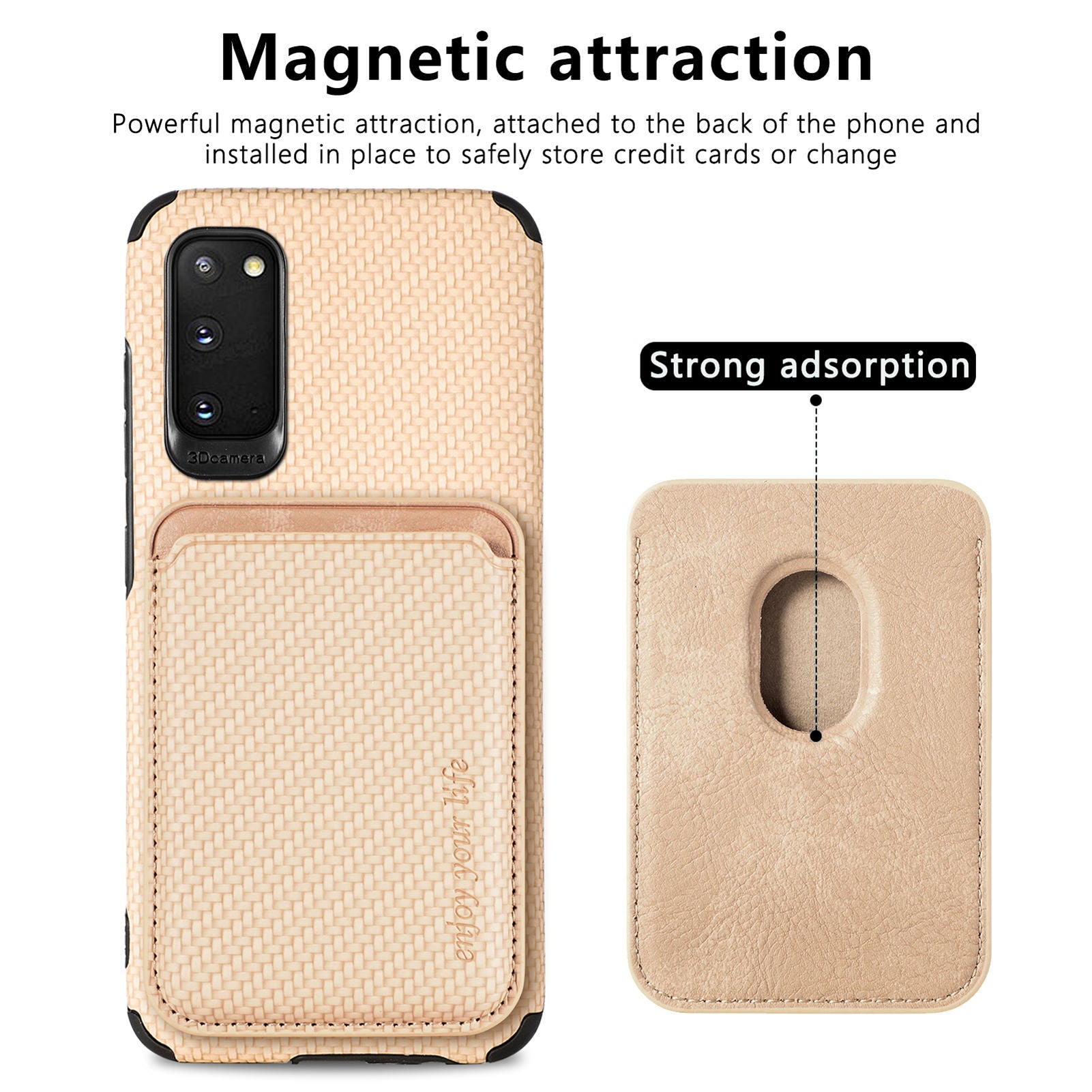 For Samsung Galaxy S20 4G/5G Smartphone Cover PU Leather Coated TPU + PVC Detachable Card Holder Carbon Fiber Texture Phone Case - Khaki