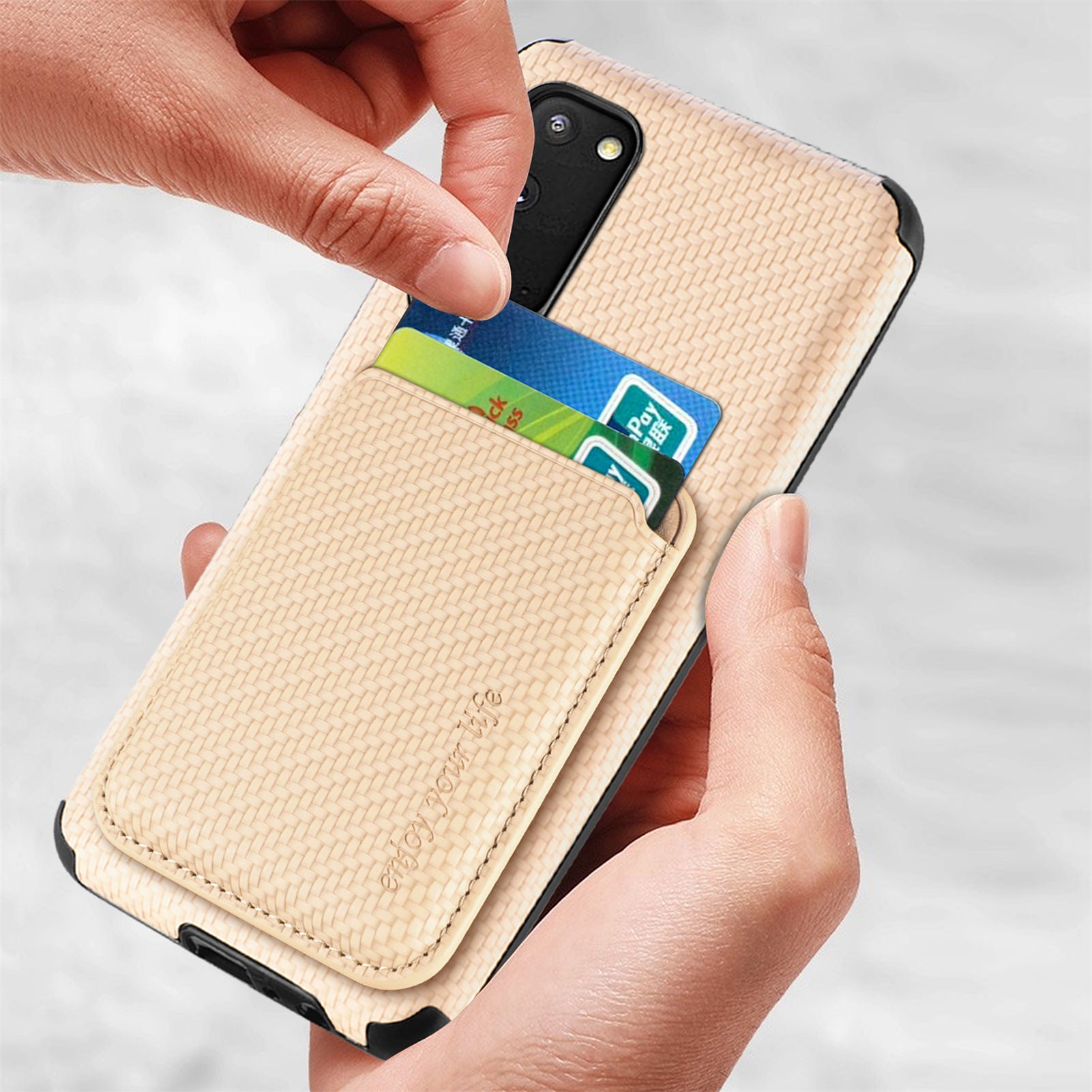 For Samsung Galaxy S20 4G/5G Smartphone Cover PU Leather Coated TPU + PVC Detachable Card Holder Carbon Fiber Texture Phone Case - Khaki