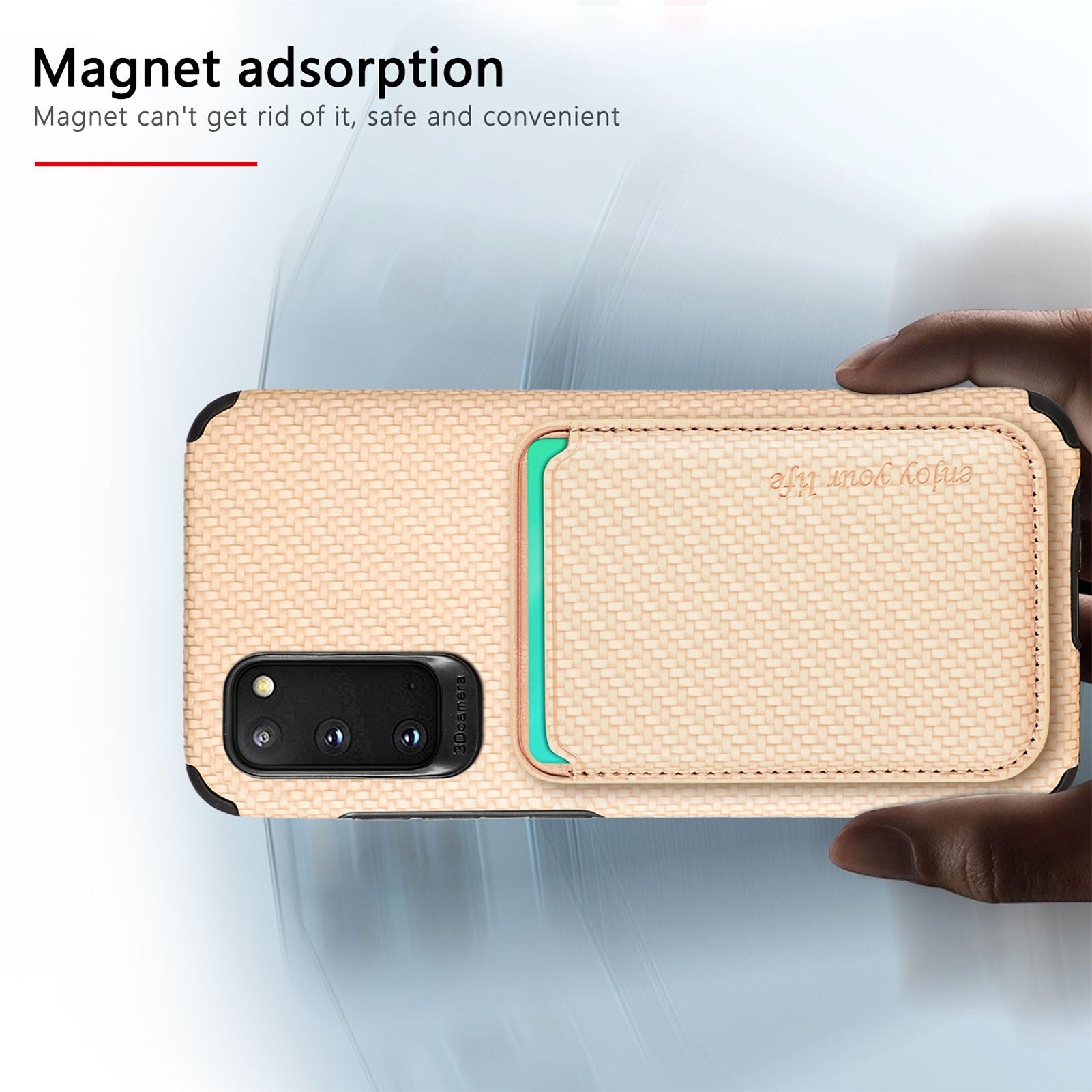 For Samsung Galaxy S20 4G/5G Smartphone Cover PU Leather Coated TPU + PVC Detachable Card Holder Carbon Fiber Texture Phone Case - Khaki