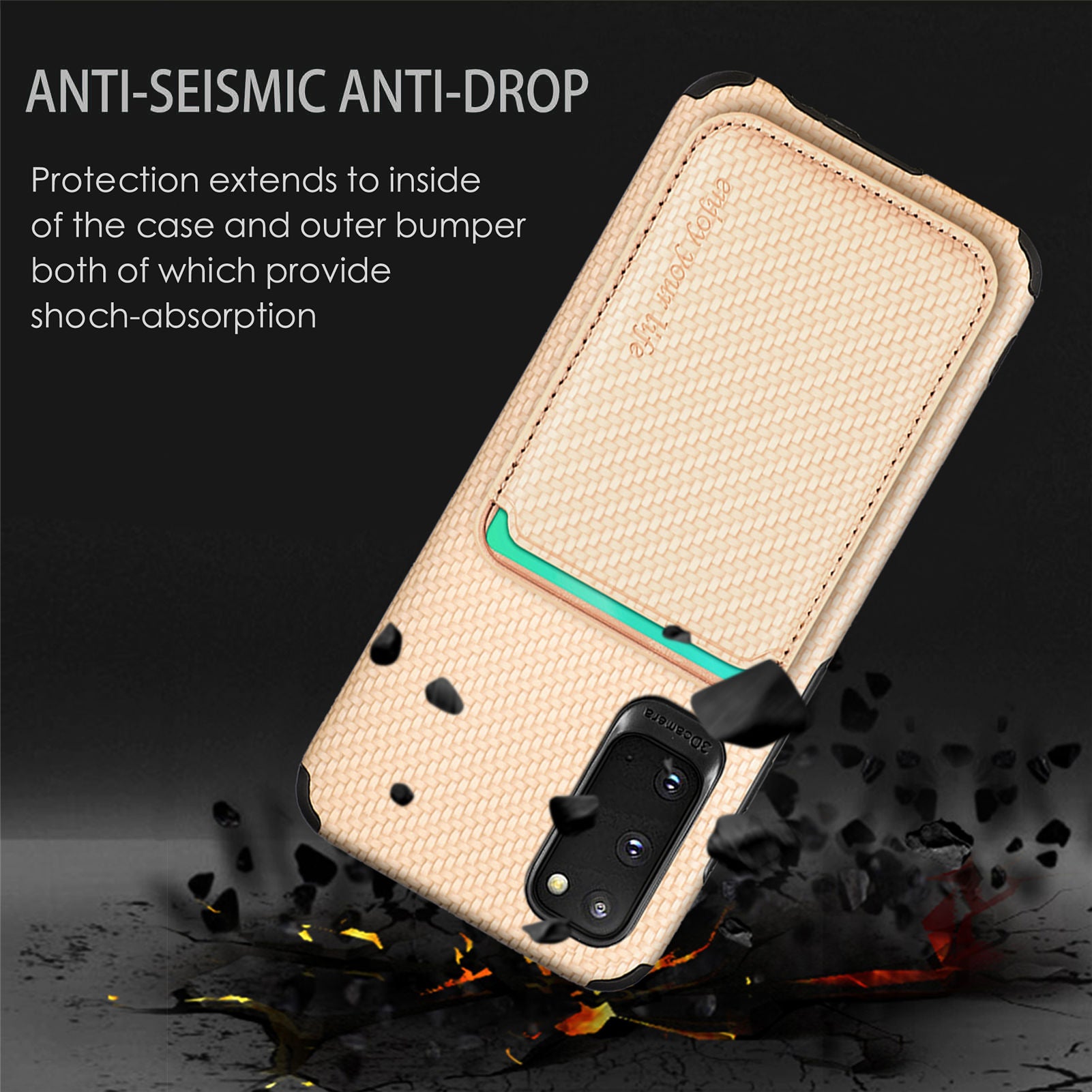 For Samsung Galaxy S20 4G/5G Smartphone Cover PU Leather Coated TPU + PVC Detachable Card Holder Carbon Fiber Texture Phone Case - Khaki