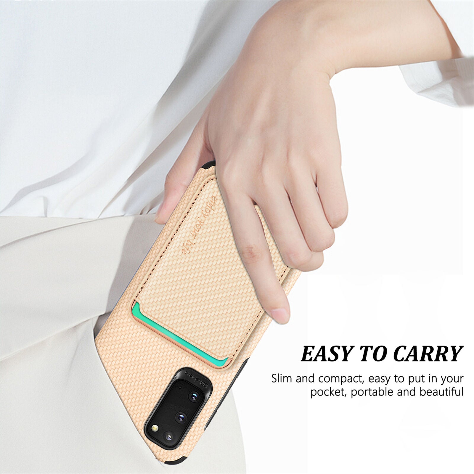 For Samsung Galaxy S20 4G/5G Smartphone Cover PU Leather Coated TPU + PVC Detachable Card Holder Carbon Fiber Texture Phone Case - Khaki