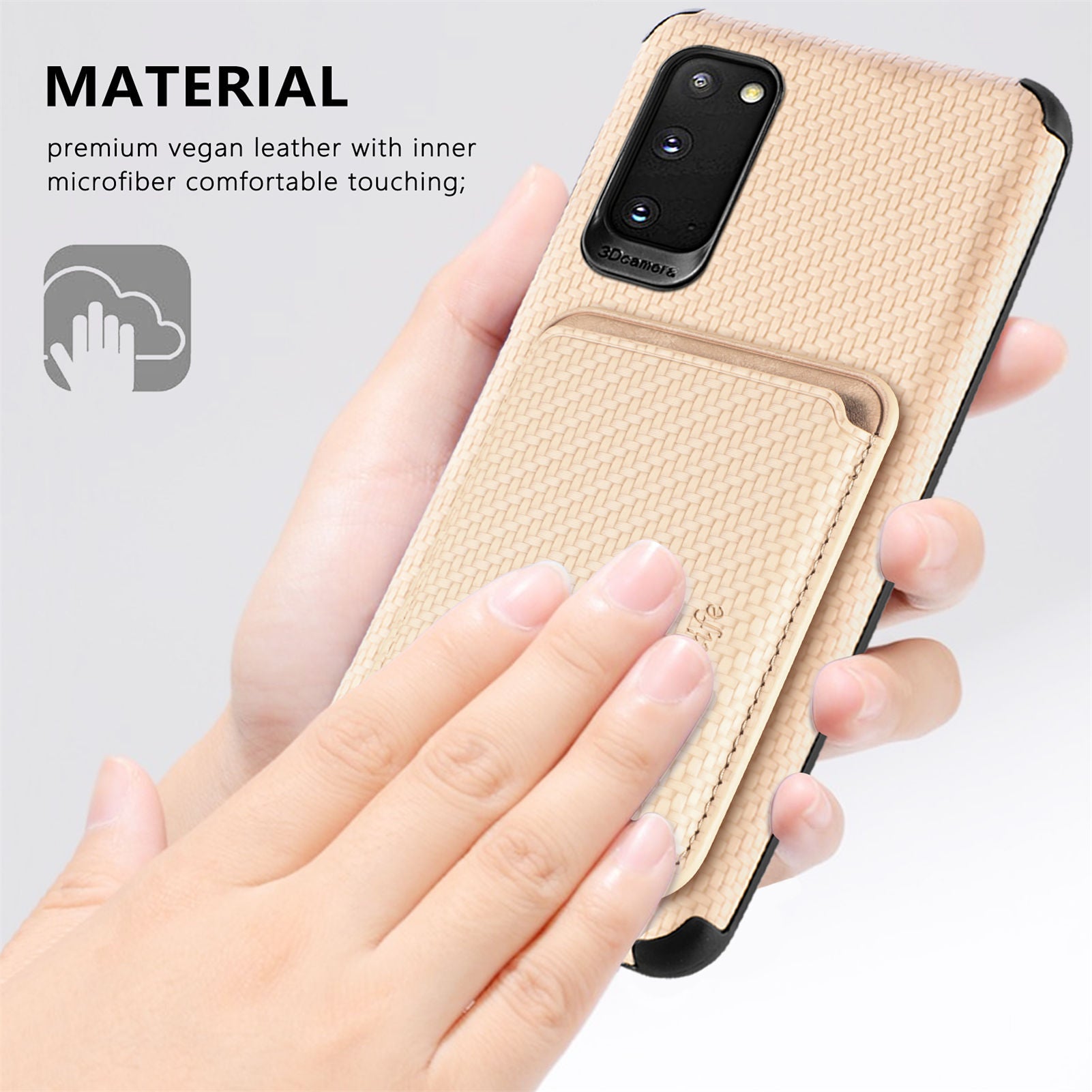 For Samsung Galaxy S20 4G/5G Smartphone Cover PU Leather Coated TPU + PVC Detachable Card Holder Carbon Fiber Texture Phone Case - Khaki