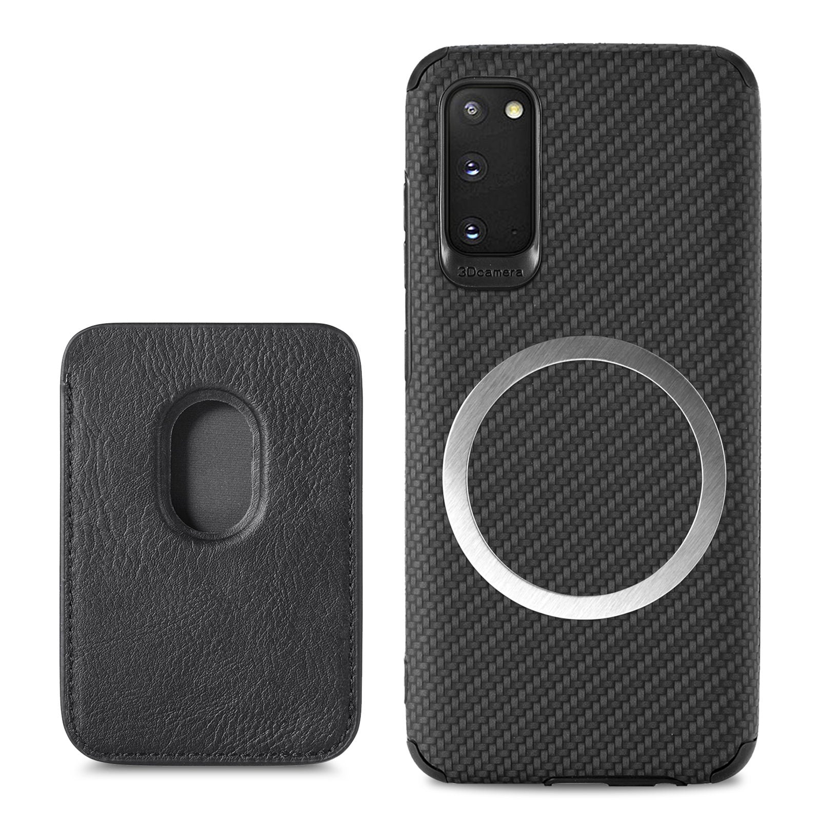 For Samsung Galaxy S20 4G/5G Smartphone Cover PU Leather Coated TPU + PVC Detachable Card Holder Carbon Fiber Texture Phone Case - Black