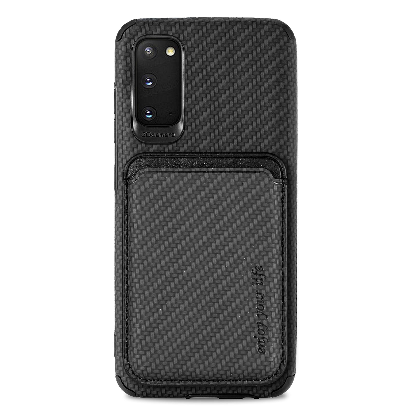 For Samsung Galaxy S20 4G/5G Smartphone Cover PU Leather Coated TPU + PVC Detachable Card Holder Carbon Fiber Texture Phone Case - Black