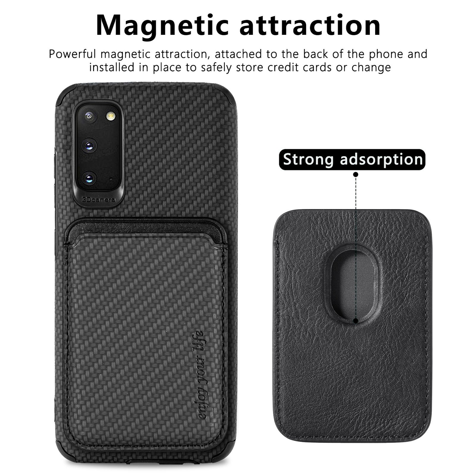 For Samsung Galaxy S20 4G/5G Smartphone Cover PU Leather Coated TPU + PVC Detachable Card Holder Carbon Fiber Texture Phone Case - Black