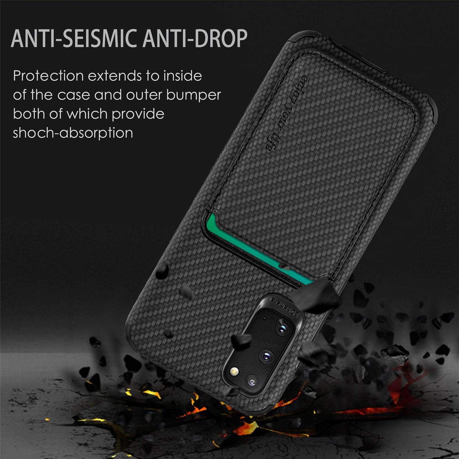 For Samsung Galaxy S20 4G/5G Smartphone Cover PU Leather Coated TPU + PVC Detachable Card Holder Carbon Fiber Texture Phone Case - Black