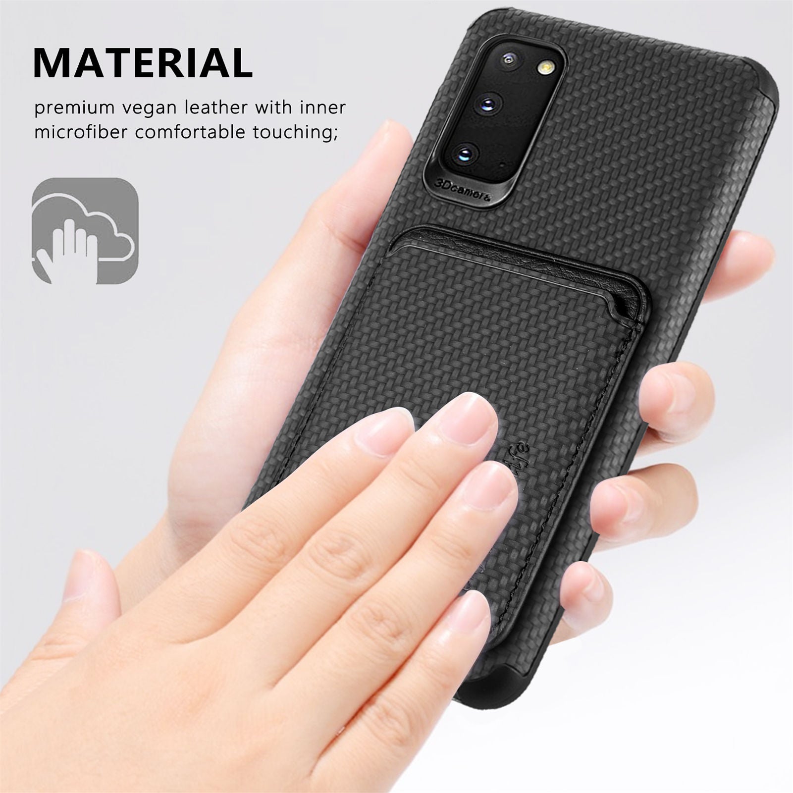 For Samsung Galaxy S20 4G/5G Smartphone Cover PU Leather Coated TPU + PVC Detachable Card Holder Carbon Fiber Texture Phone Case - Black