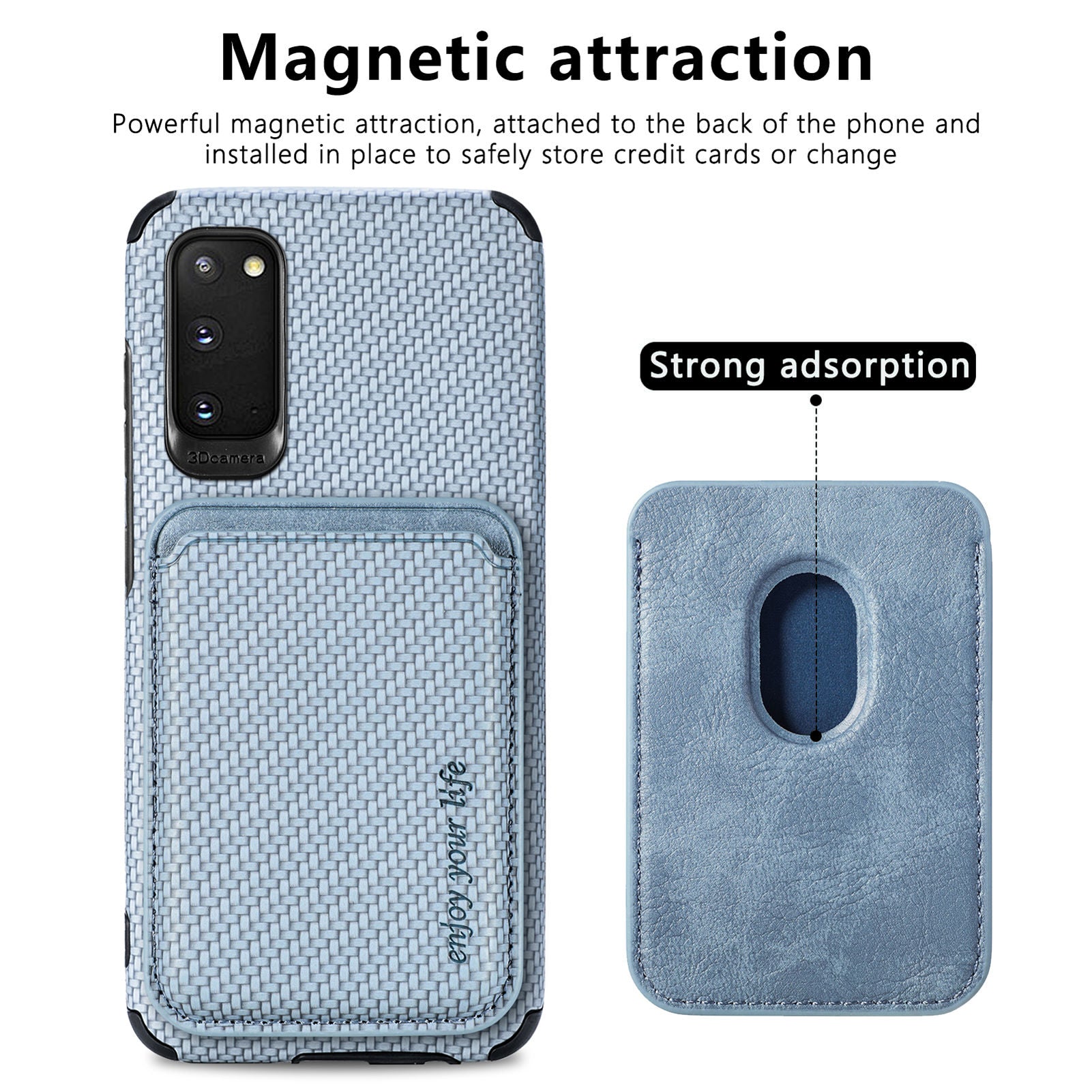 For Samsung Galaxy S20 4G/5G Smartphone Cover PU Leather Coated TPU + PVC Detachable Card Holder Carbon Fiber Texture Phone Case - Blue