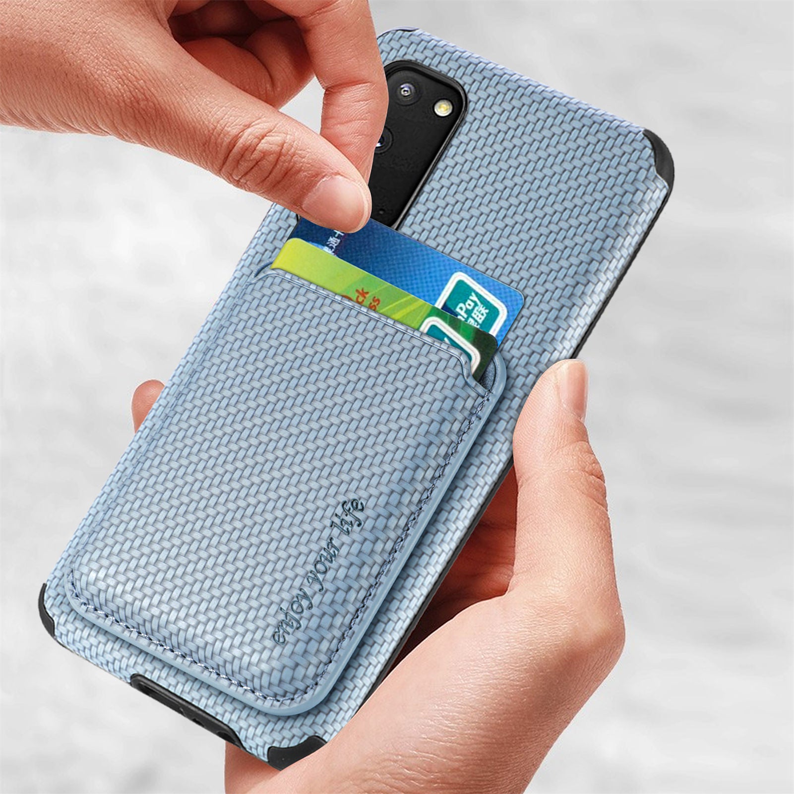 For Samsung Galaxy S20 4G/5G Smartphone Cover PU Leather Coated TPU + PVC Detachable Card Holder Carbon Fiber Texture Phone Case - Blue