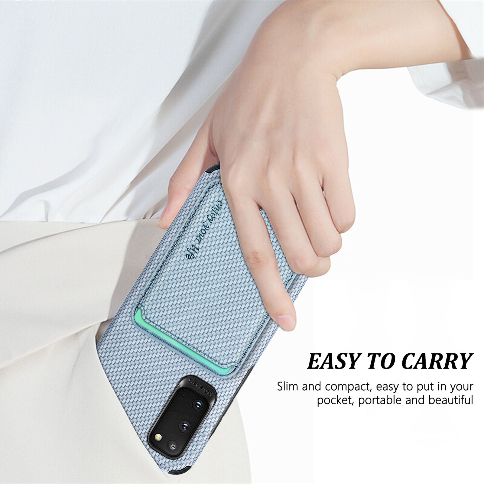 For Samsung Galaxy S20 4G/5G Smartphone Cover PU Leather Coated TPU + PVC Detachable Card Holder Carbon Fiber Texture Phone Case - Blue