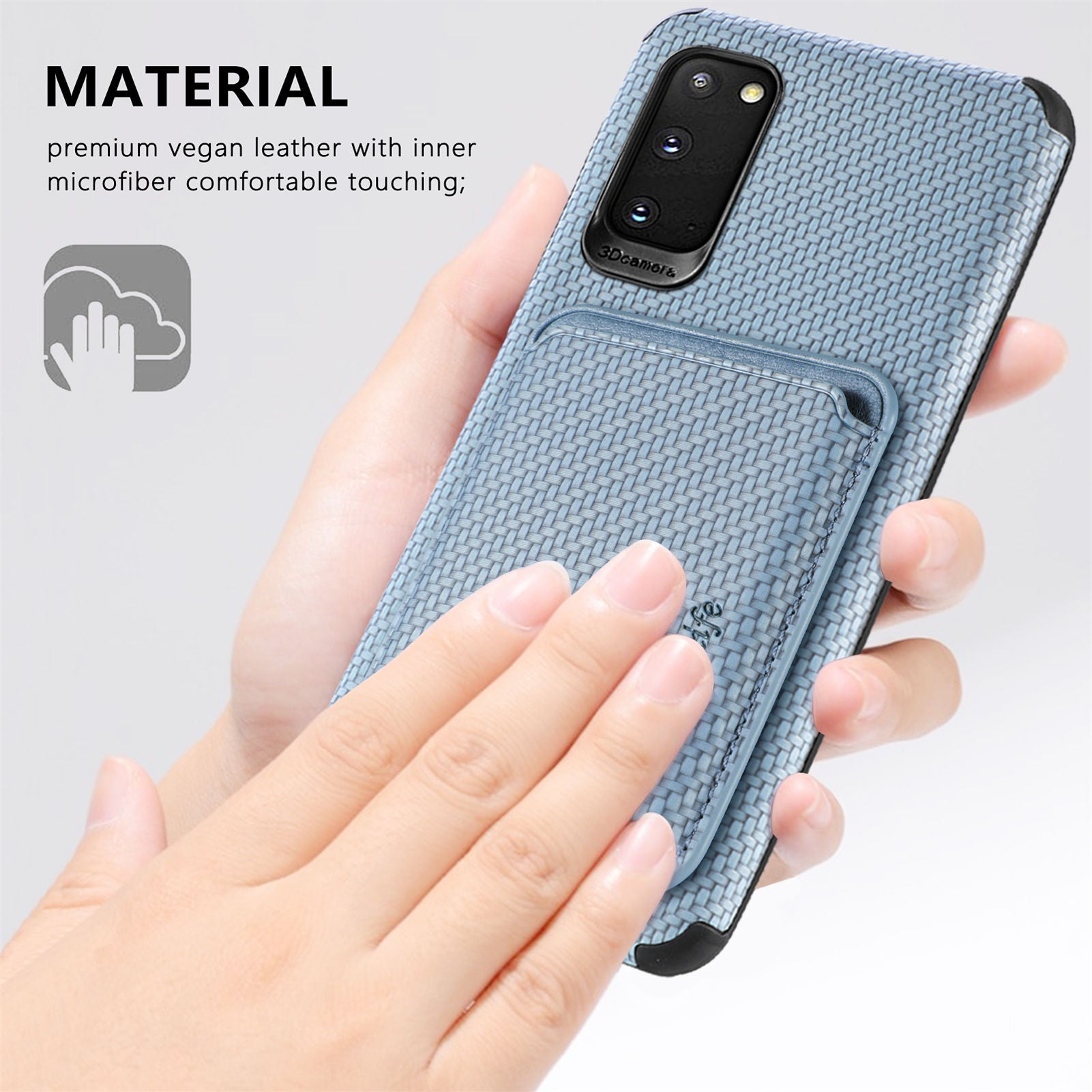 For Samsung Galaxy S20 4G/5G Smartphone Cover PU Leather Coated TPU + PVC Detachable Card Holder Carbon Fiber Texture Phone Case - Blue