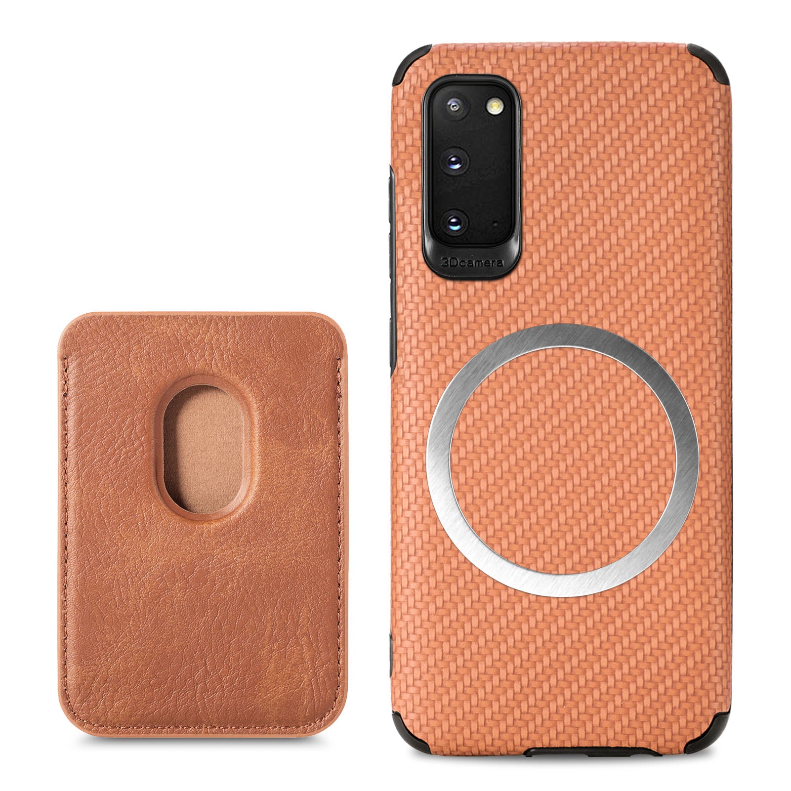 For Samsung Galaxy S20 4G/5G Smartphone Cover PU Leather Coated TPU + PVC Detachable Card Holder Carbon Fiber Texture Phone Case - Brown