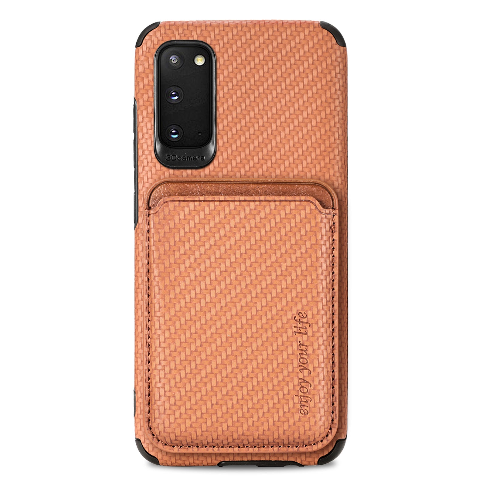 For Samsung Galaxy S20 4G/5G Smartphone Cover PU Leather Coated TPU + PVC Detachable Card Holder Carbon Fiber Texture Phone Case - Brown