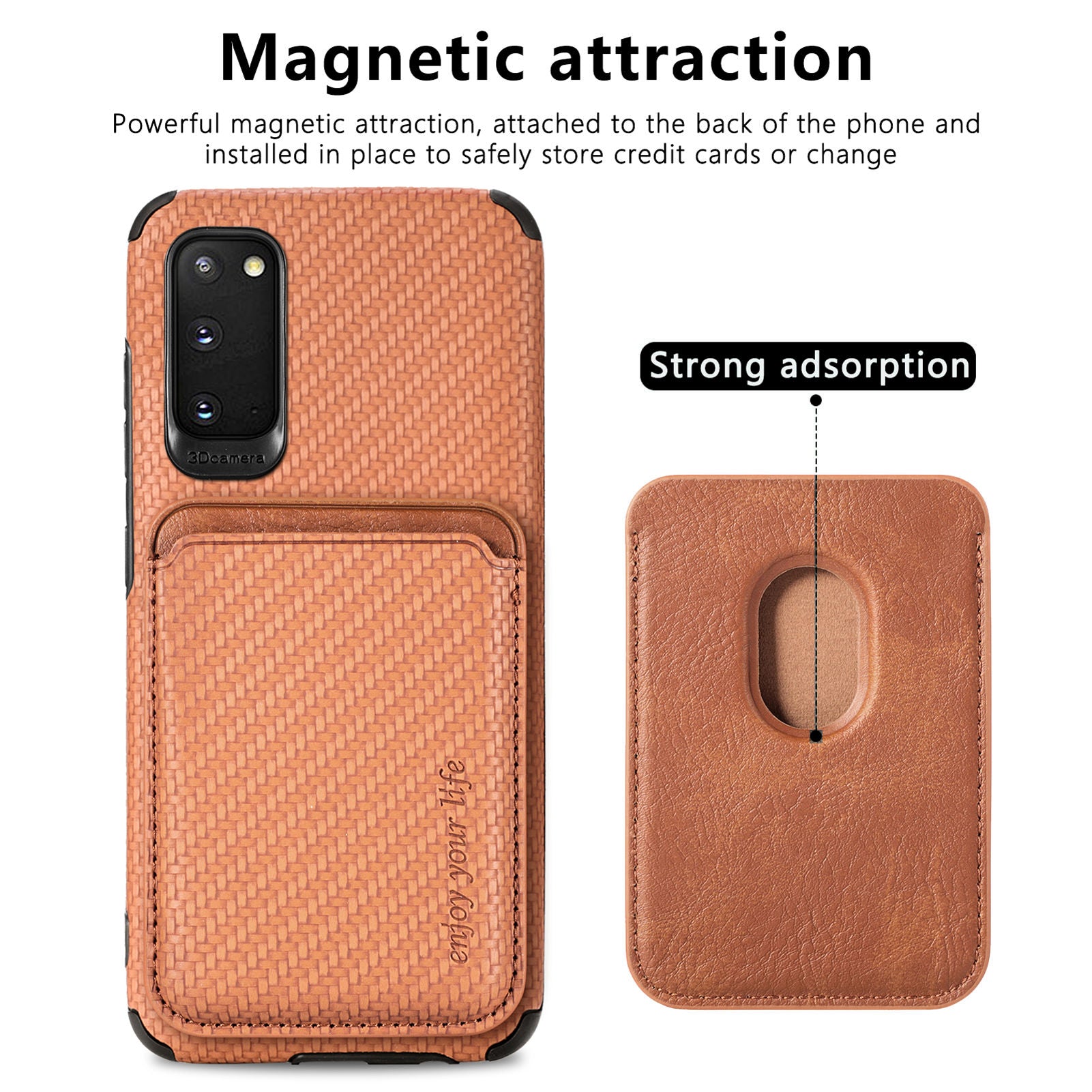 For Samsung Galaxy S20 4G/5G Smartphone Cover PU Leather Coated TPU + PVC Detachable Card Holder Carbon Fiber Texture Phone Case - Brown