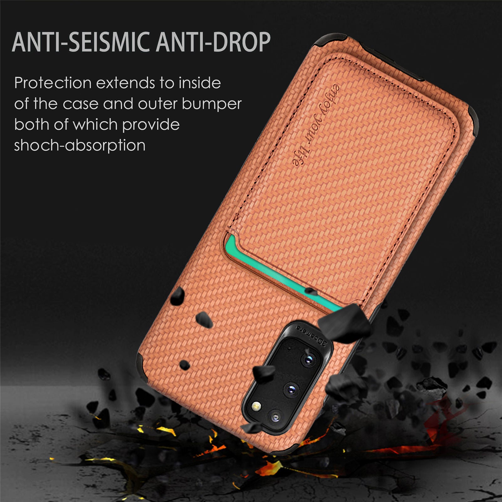 For Samsung Galaxy S20 4G/5G Smartphone Cover PU Leather Coated TPU + PVC Detachable Card Holder Carbon Fiber Texture Phone Case - Brown